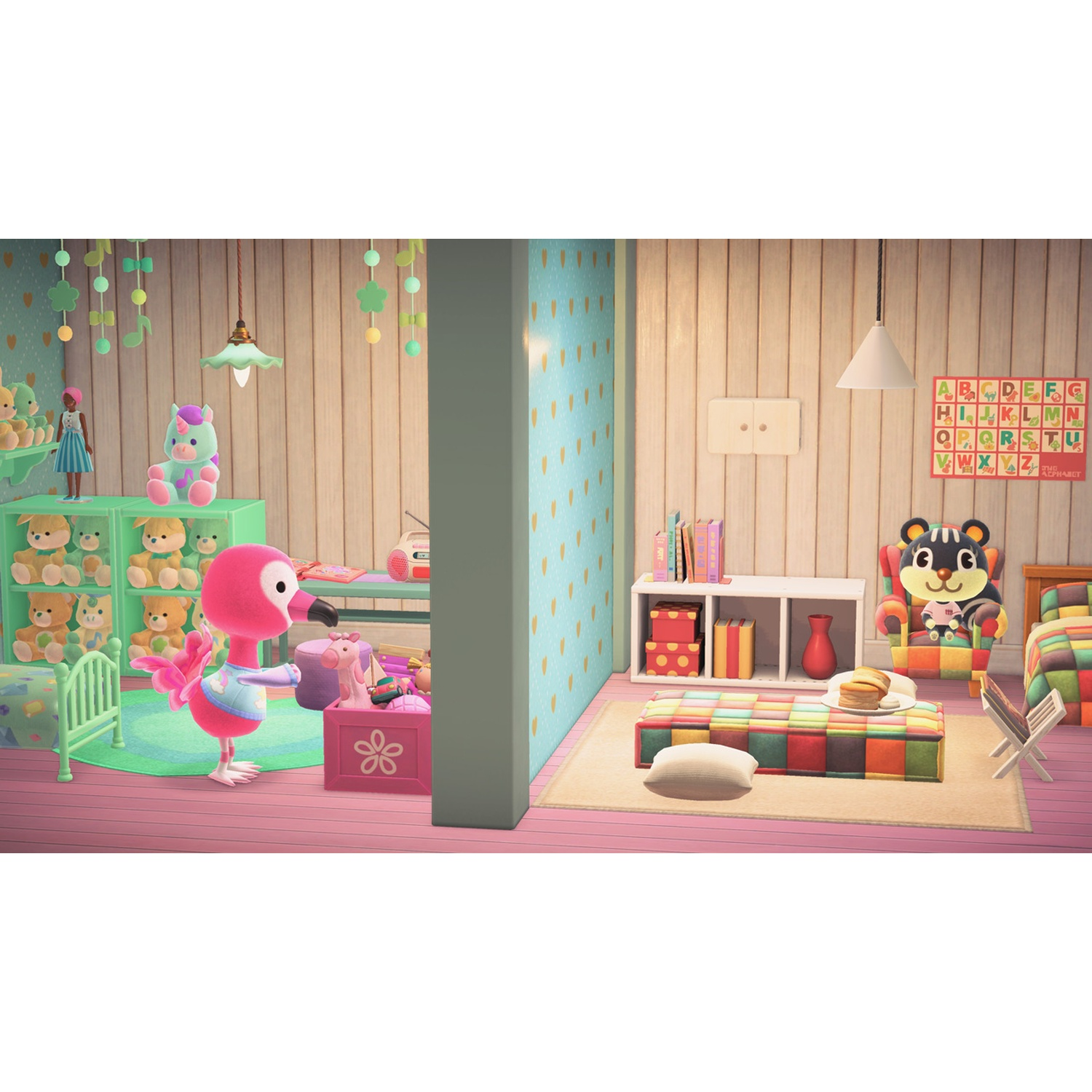 A pink flamingo stands by a crib, surrounded by teddy bears and toys in a colorful room.