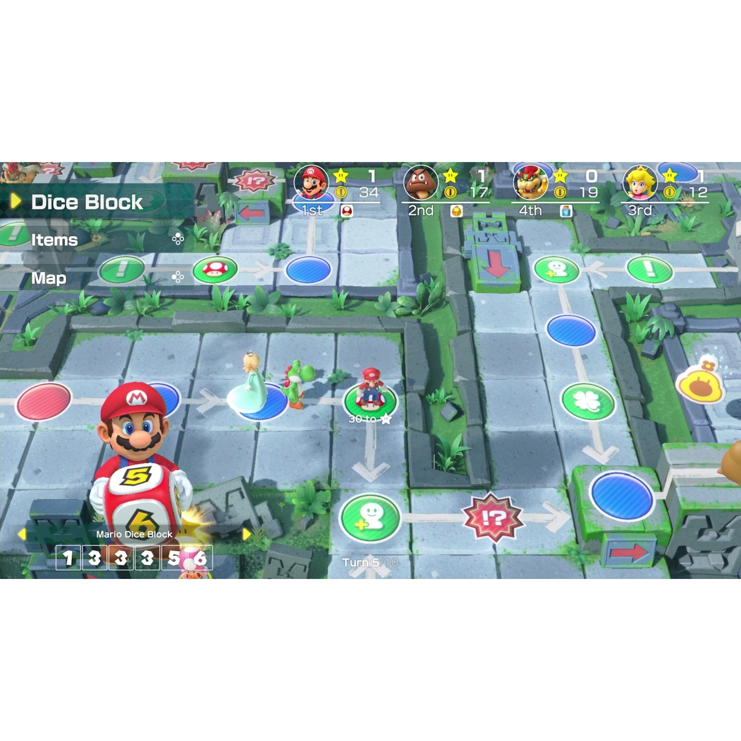 Mario plays a board game with other characters and dice.