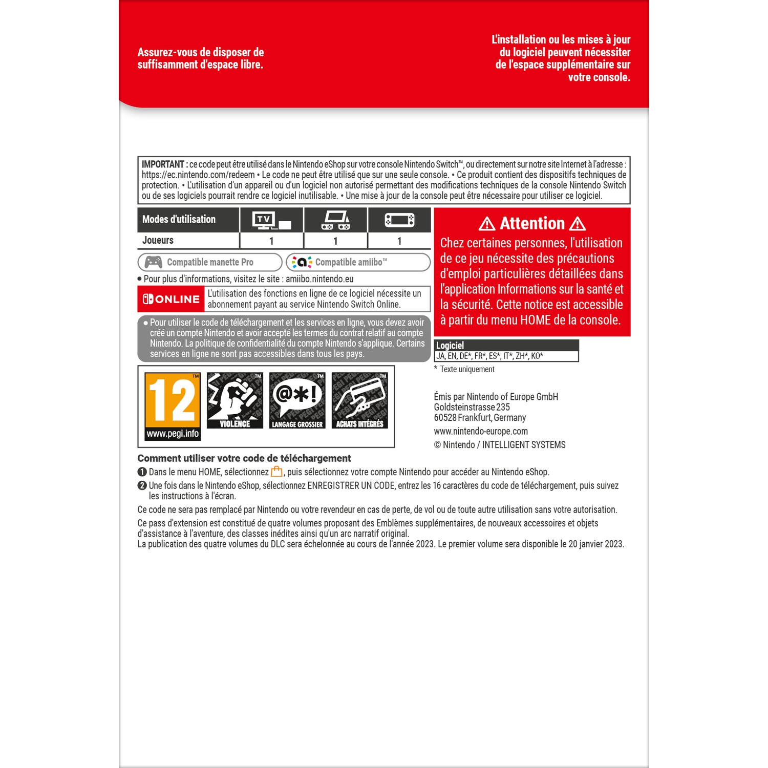 Nintendo Switch game info: Age rating 12, PEGI icons, game modes, and download instructions.