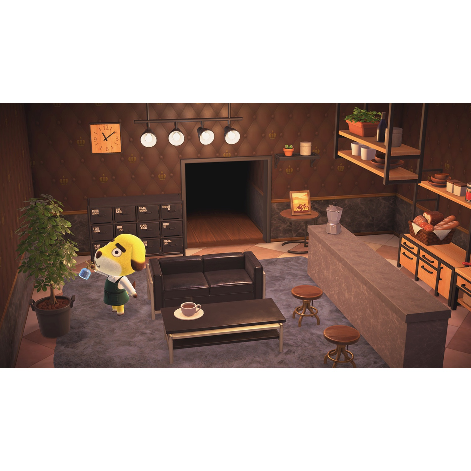 A yellow dog character holds a blue item, standing in a room with a couch, coffee table, and counter.