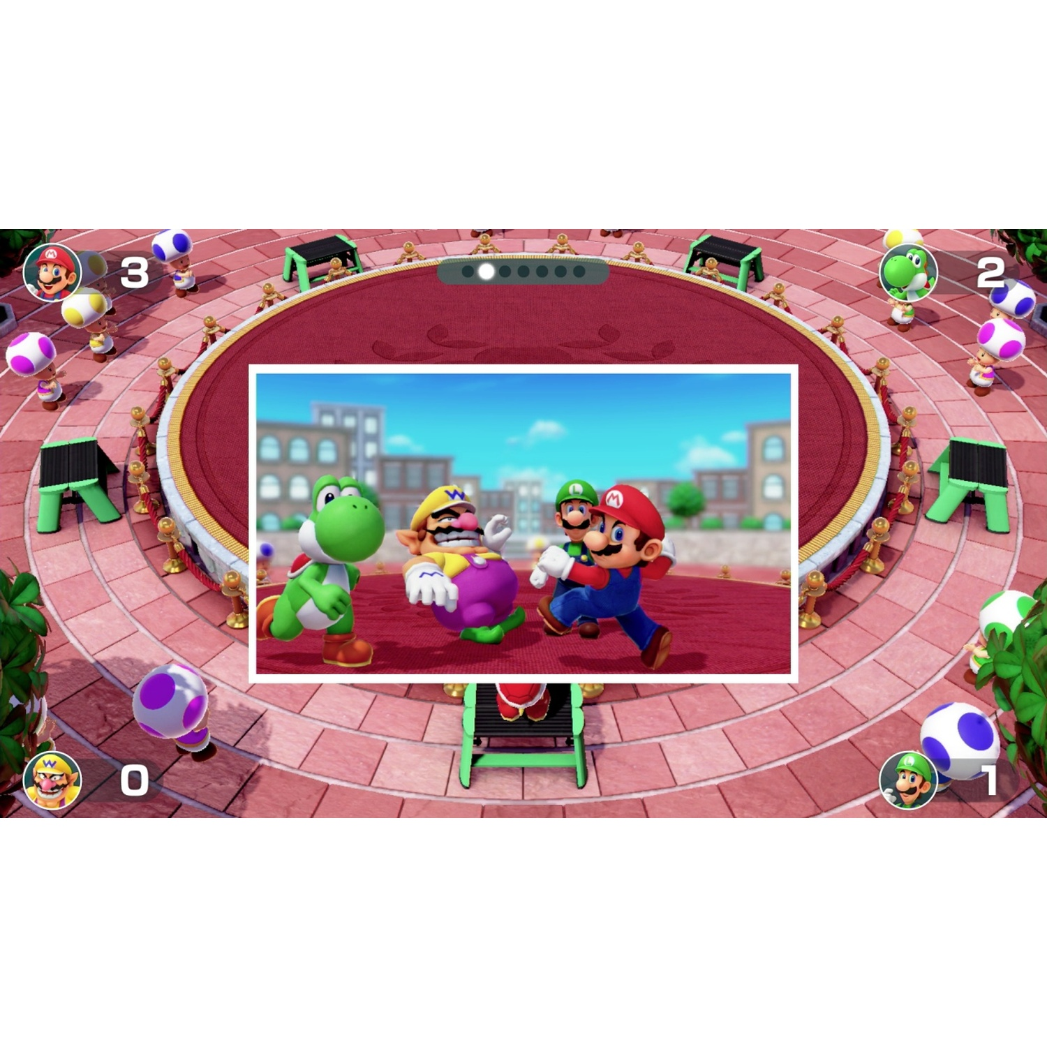 Mario, Luigi, Wario, and Yoshi in a game arena with red and white floor tiles.