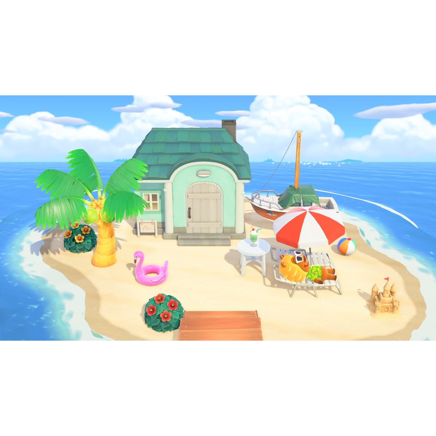 A character relaxes on a beach chair by a house. Palm trees, a flamingo float, and a sandcastle are visible.
