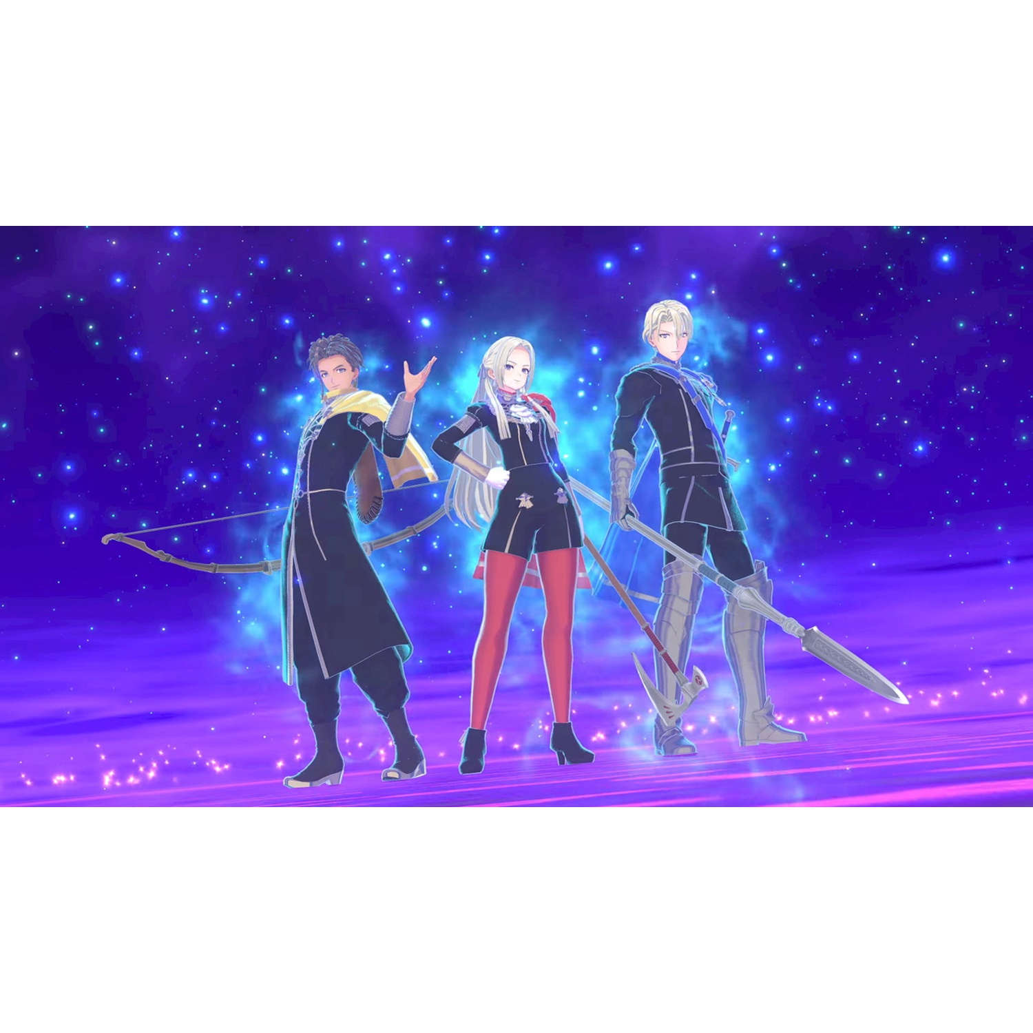 Three characters stand before a purple night sky with stars. One holds a bow.