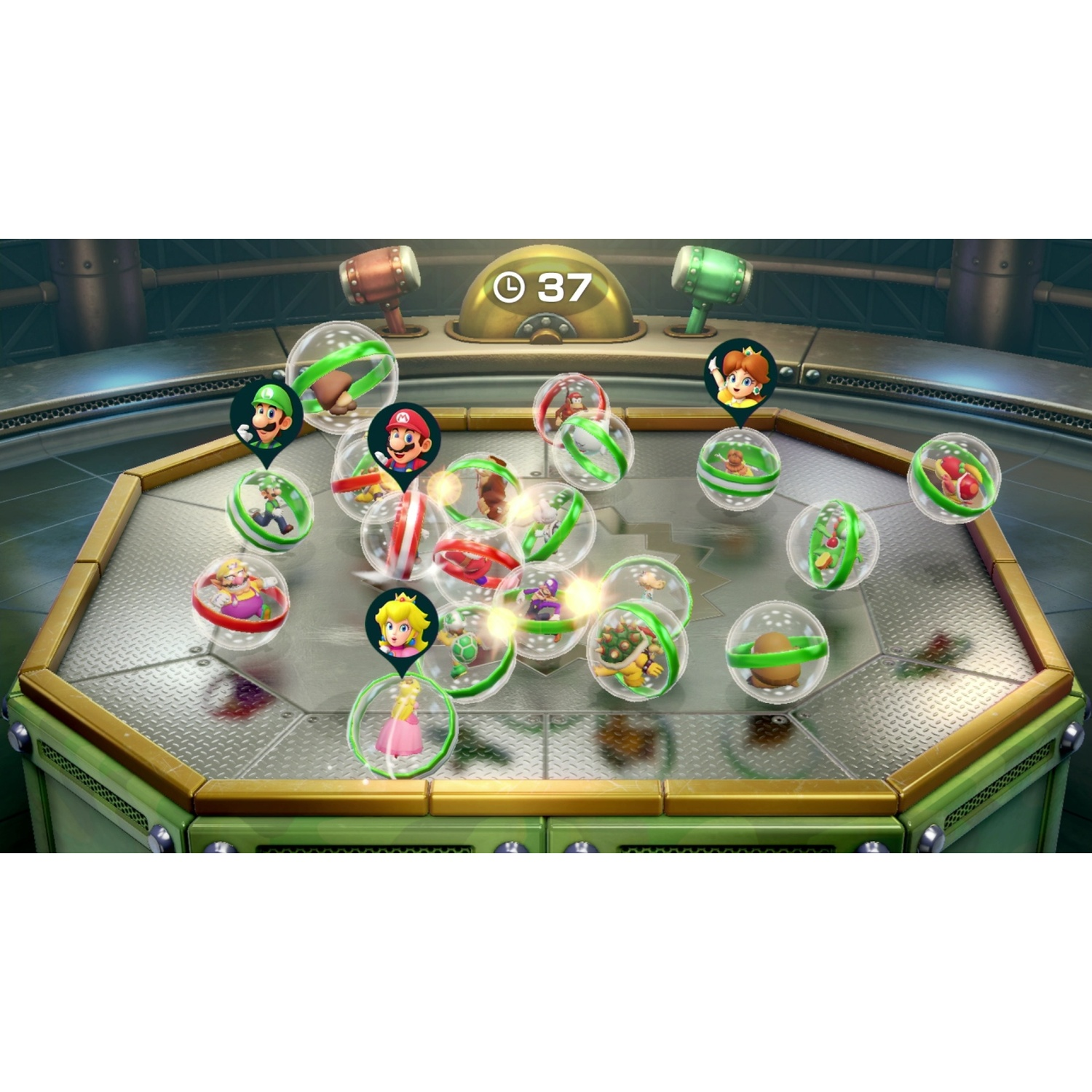 Mario characters in orbs on an arena with a timer.