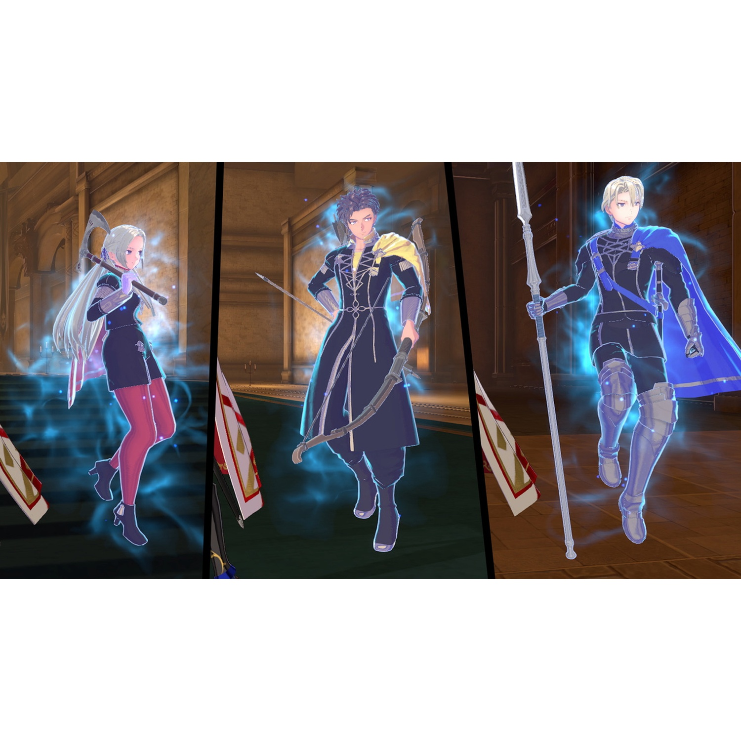 Three characters in a hall: a woman with an axe, a man with a bow, a man with a spear.