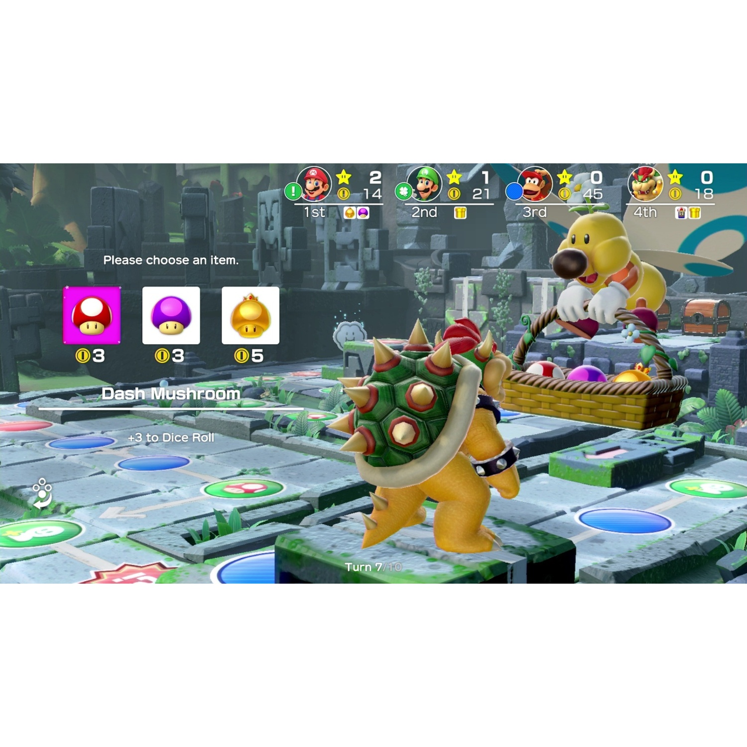 Bowser stands on a game board. Items can be chosen.