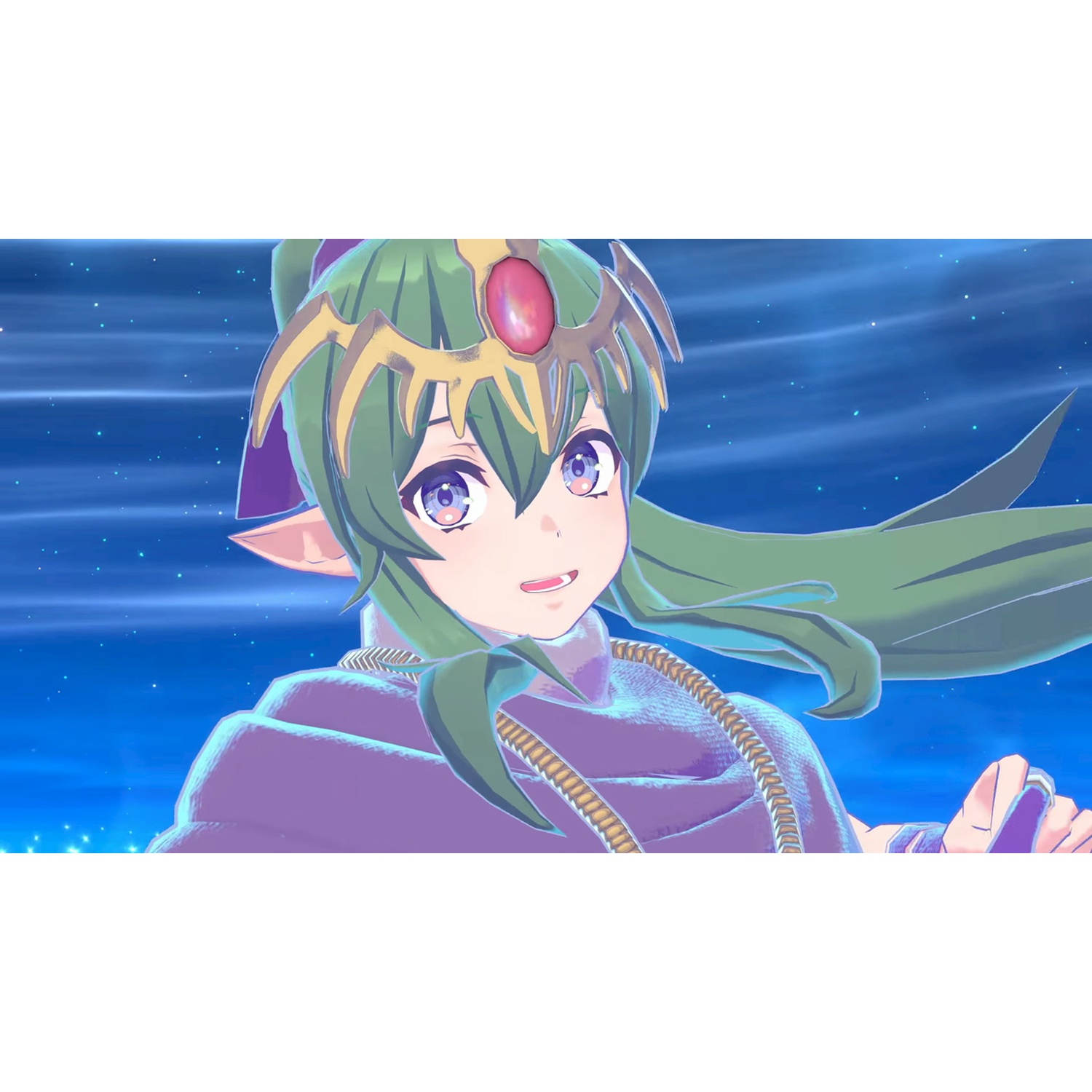 Anime character with green hair, wearing a tiara with a red gem and purple clothing.