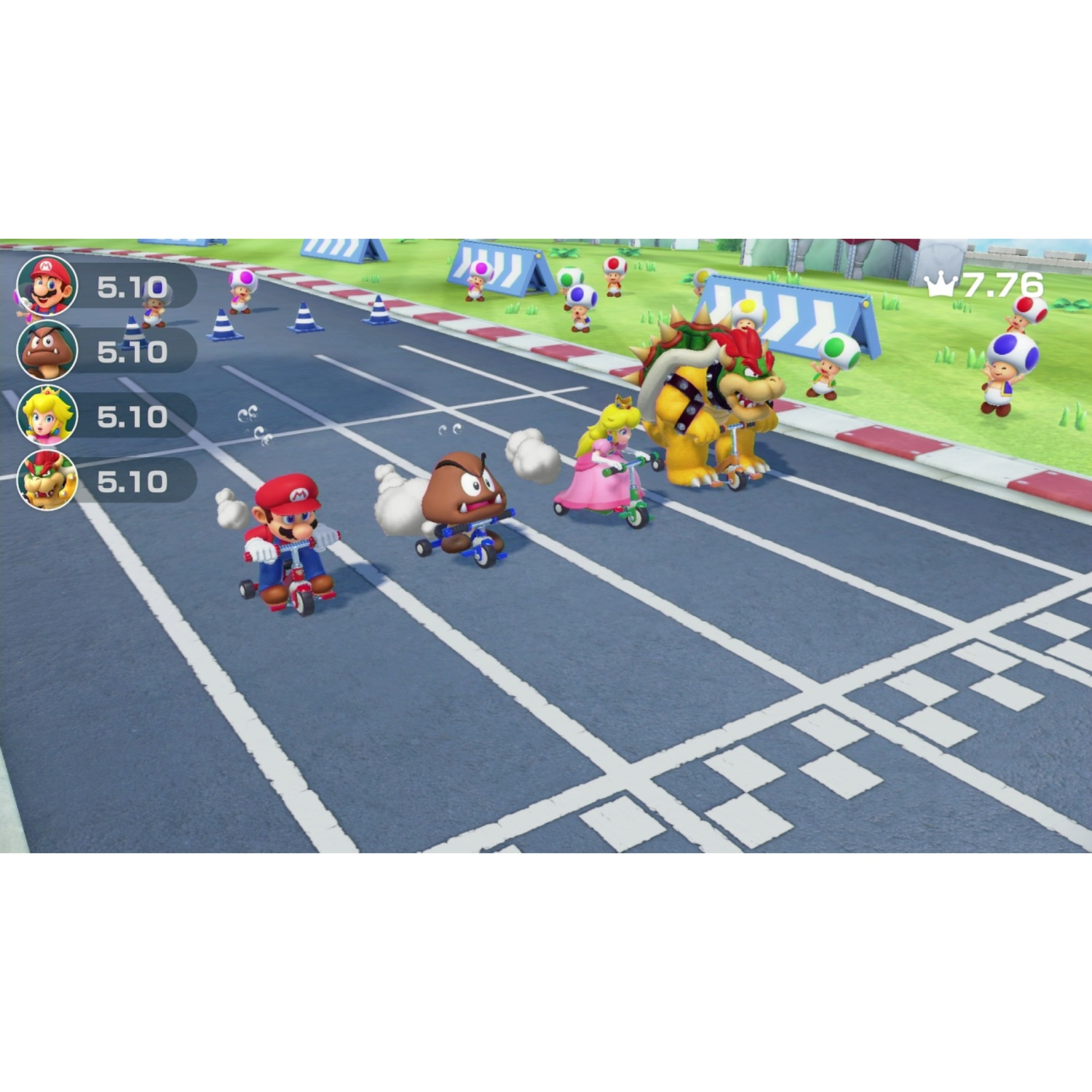 Mario characters ride scooters on a racetrack. Bowser is in the lead.