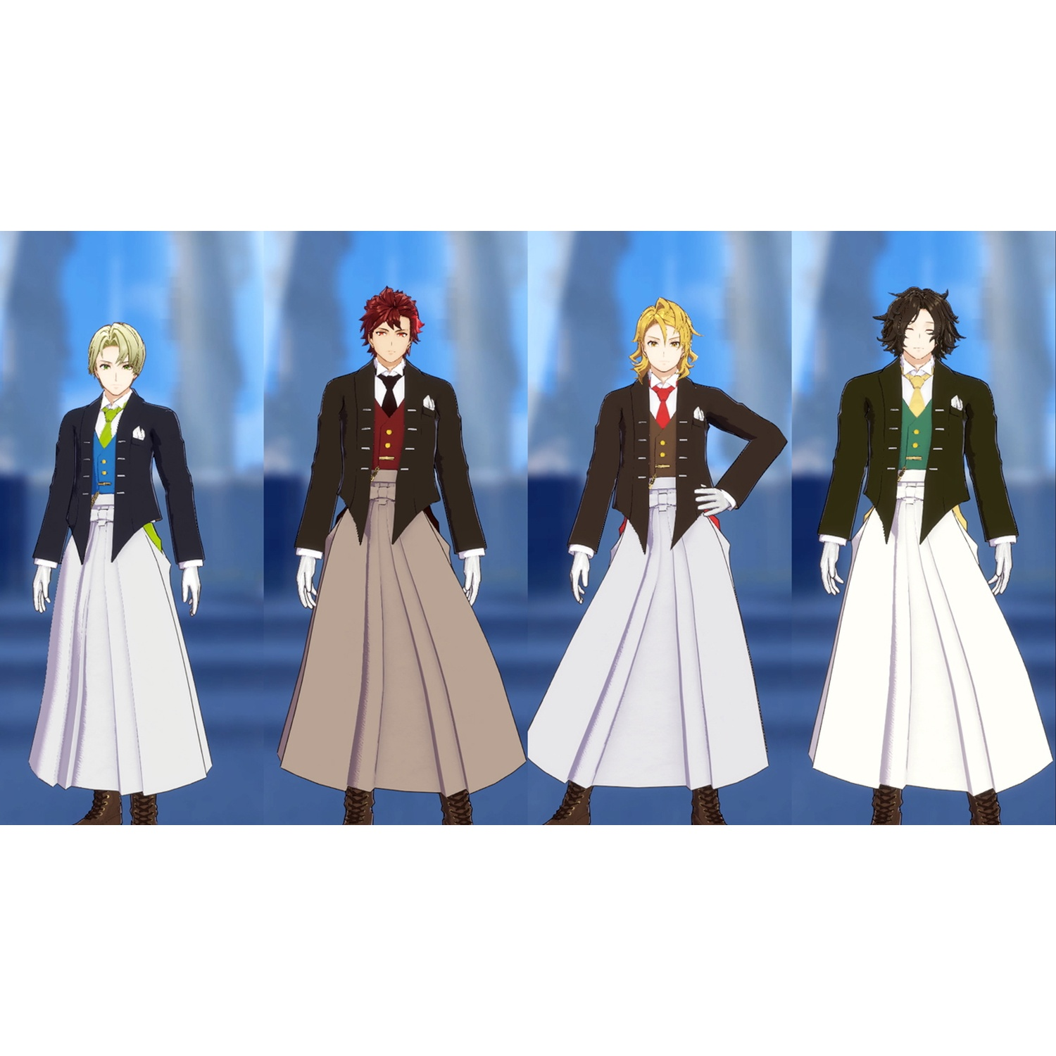 Four anime men in long skirts and jackets, blue background.