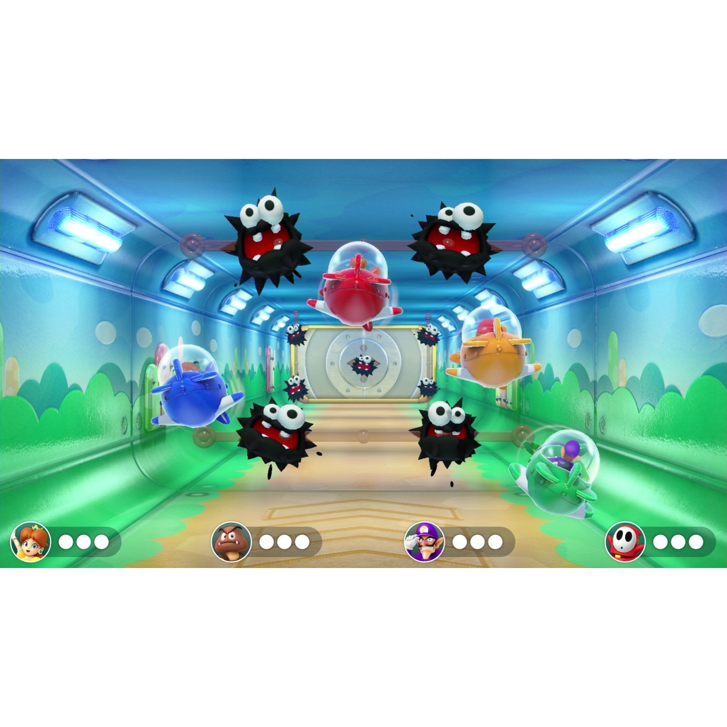 A video game scene with cartoon characters and vehicles in a blue corridor with green walls.