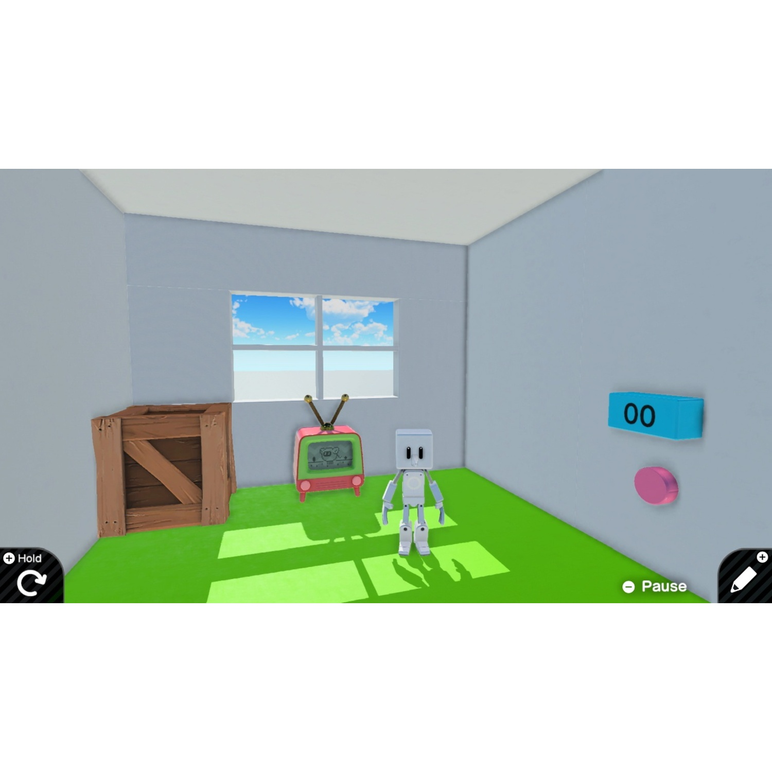 A robot stands before a TV in a room with a window and a wooden crate.