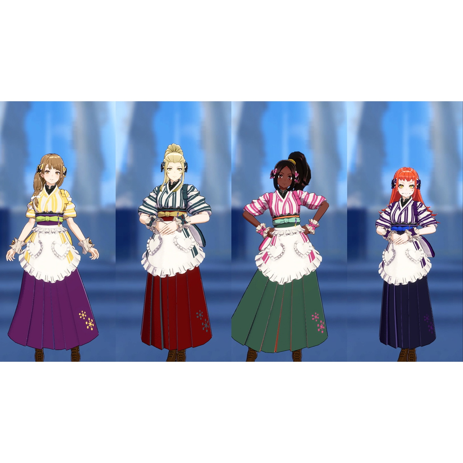 Four women in traditional Japanese outfits with aprons.