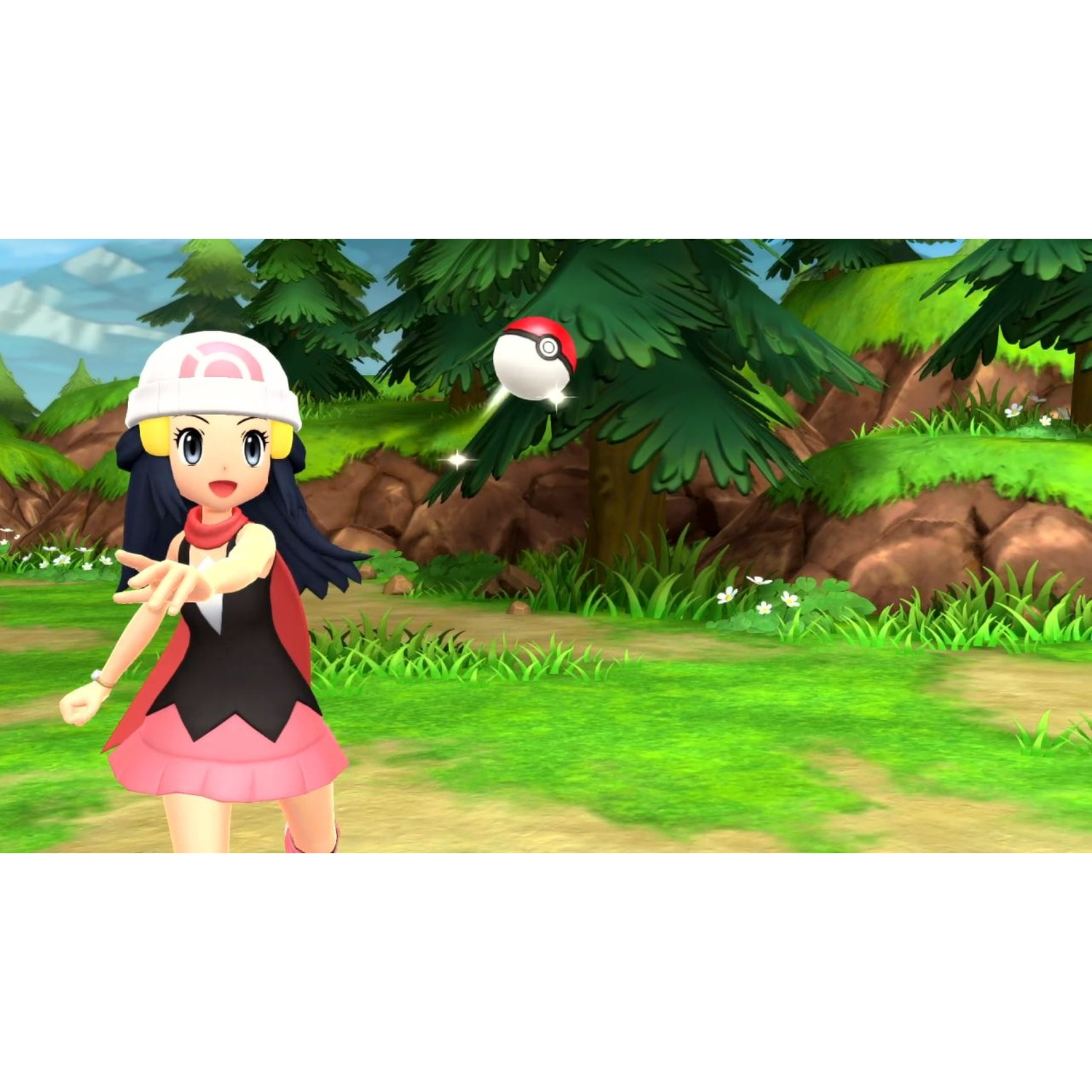 A girl with a Poké Ball in a forest setting