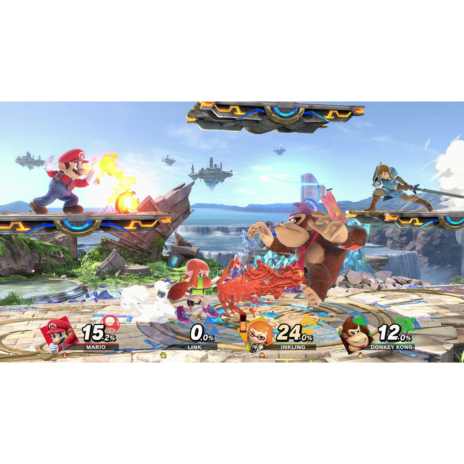Mario battles Donkey Kong and Inkling on a floating stage with waterfalls.