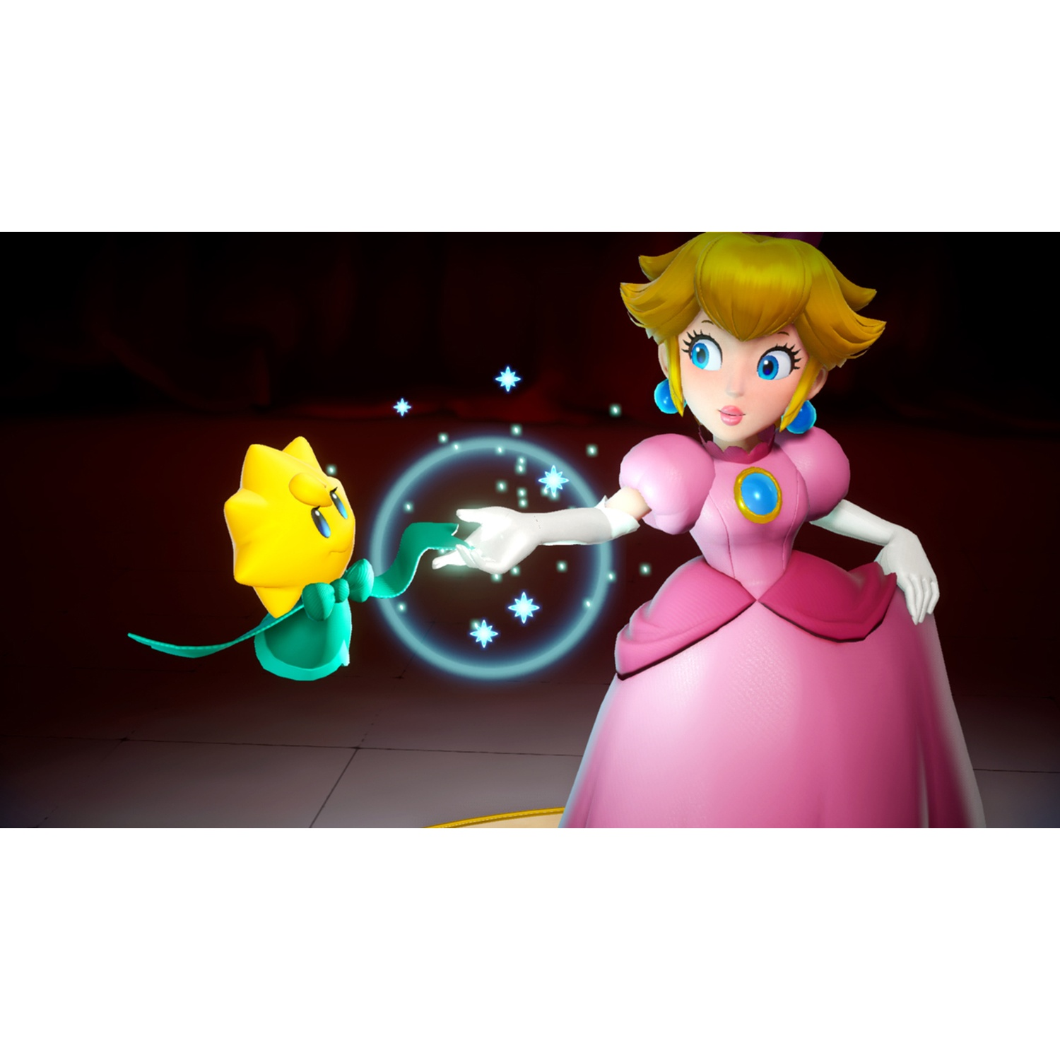 Princess Peach and a yellow star creature interact with magical stars.