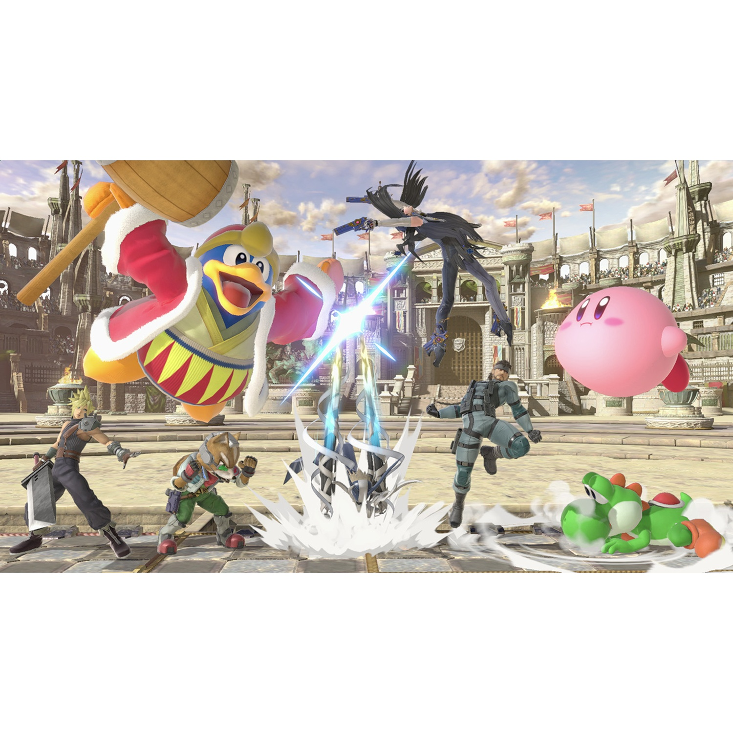 Video game characters battle in an arena with castles and flags.