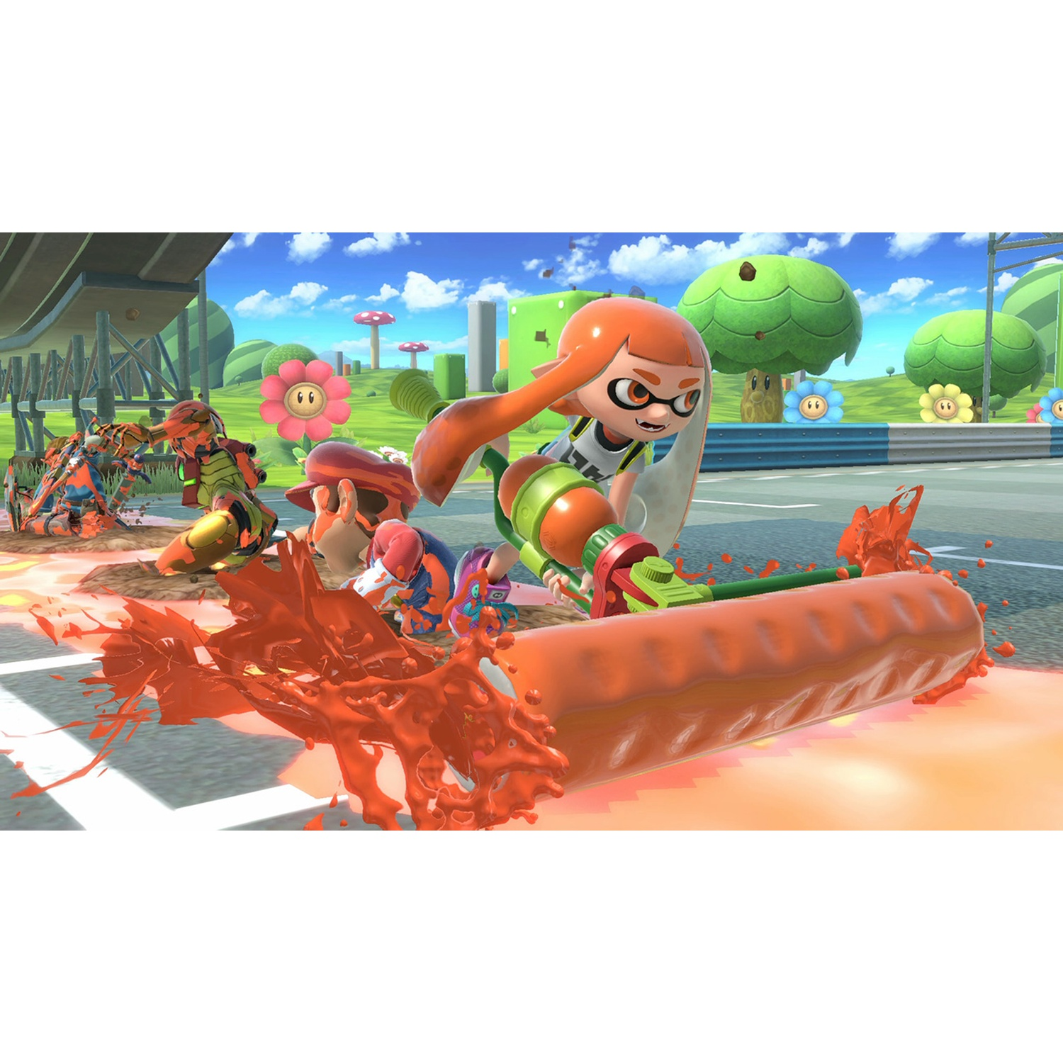 Characters in a vibrant, cartoonish landscape with lots of orange paint splattering.