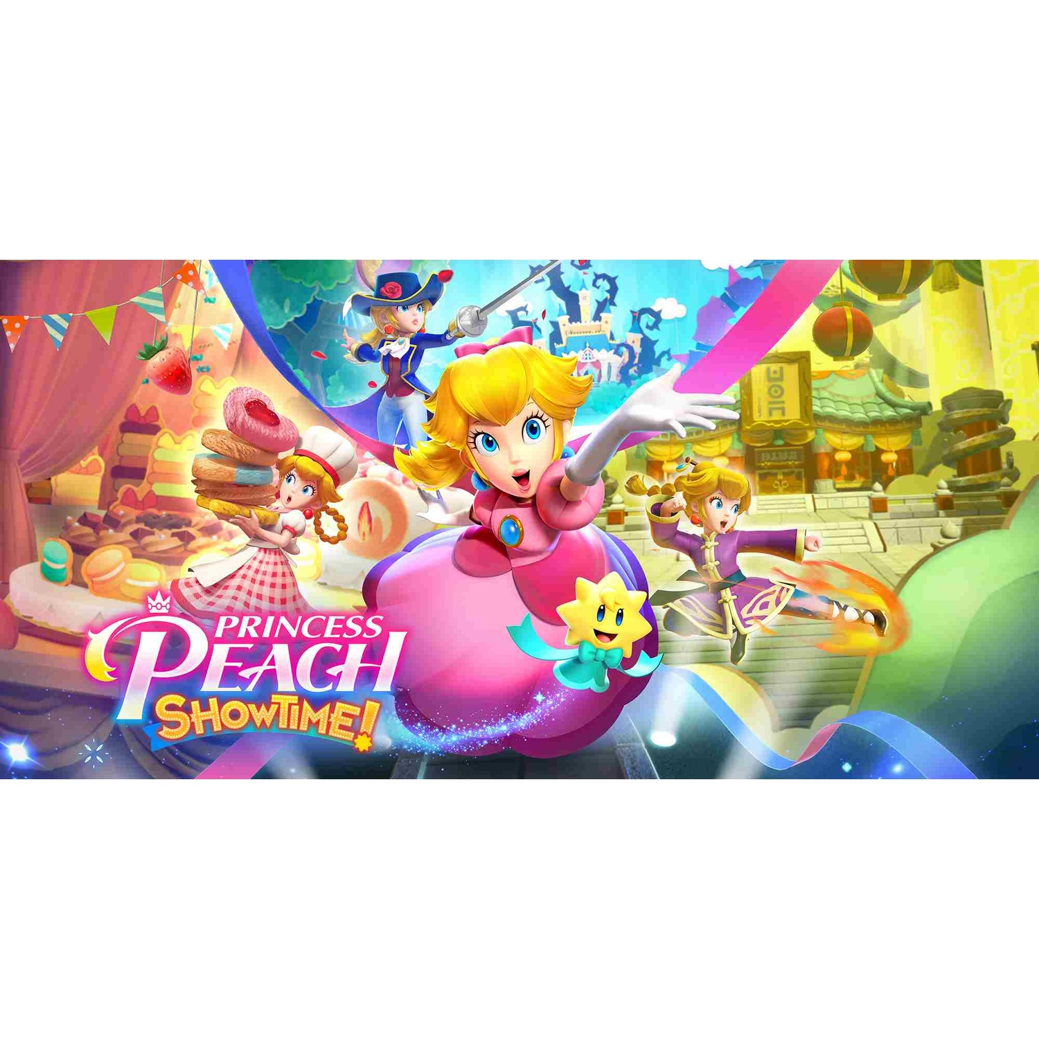 Princess Peach and friends in a colorful, sweet world full of game elements and architecture.