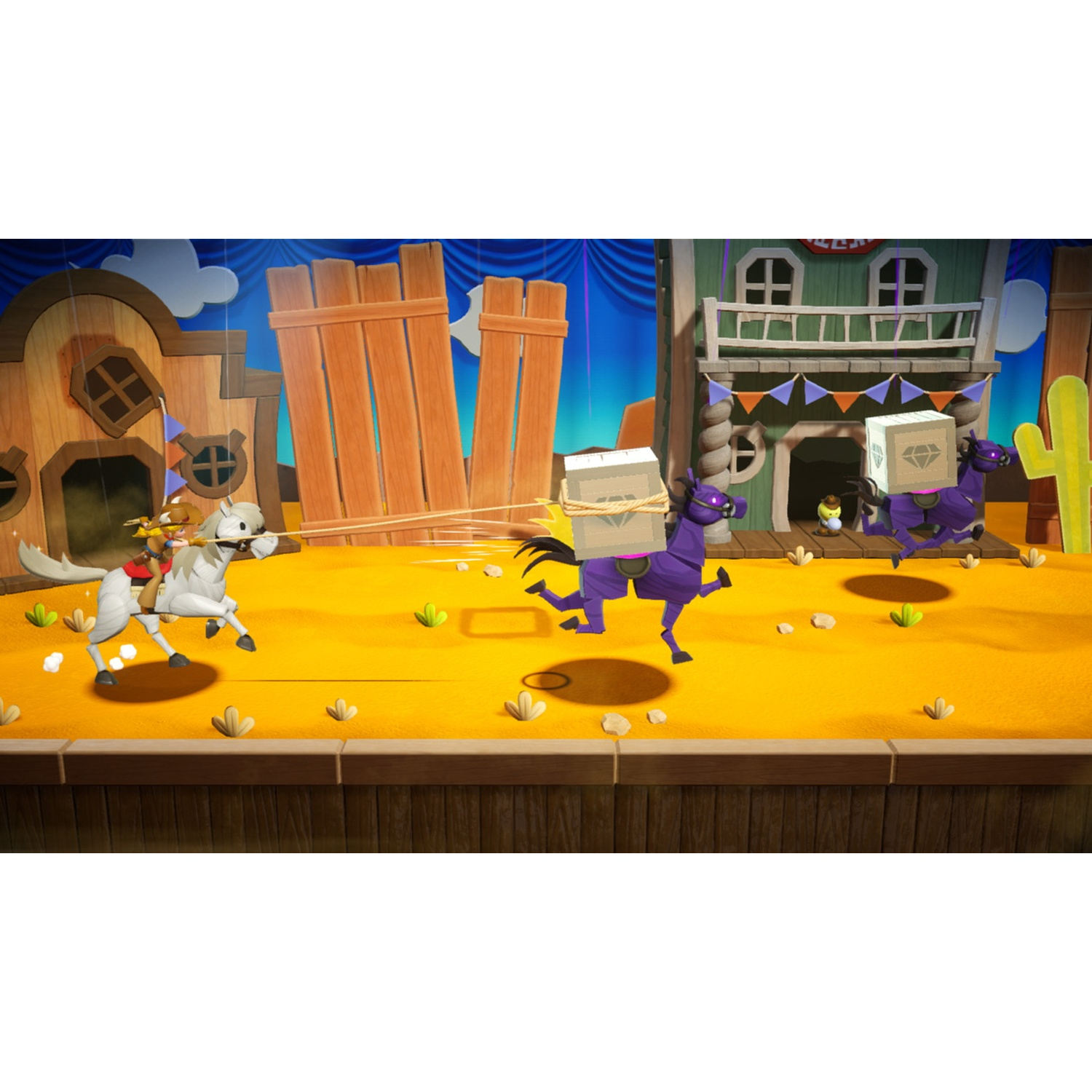 A cowboy on a white horse rides forward as a purple horse with a box trots away.