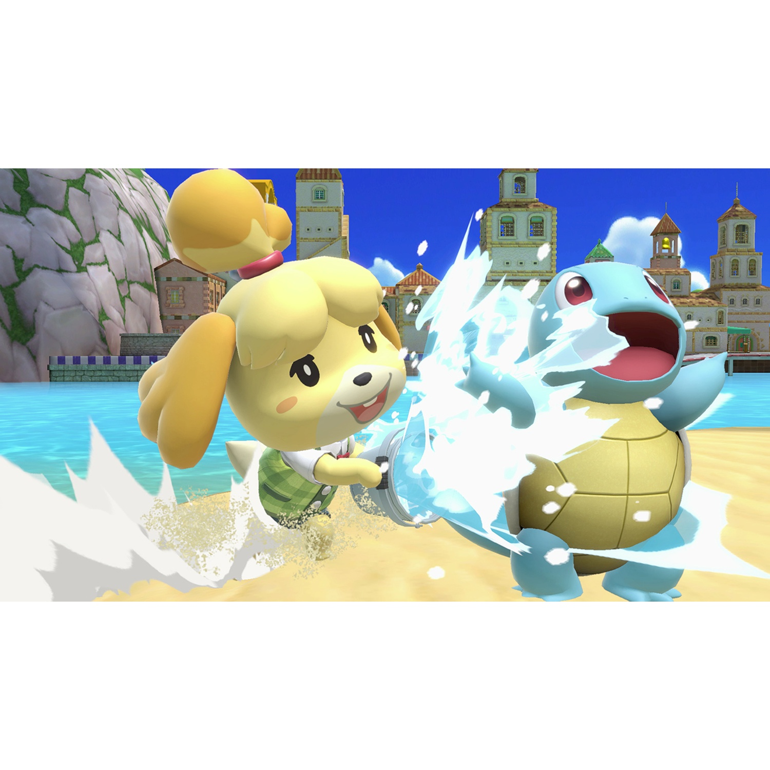 Isabelle sprays water at Squirtle on a beach with buildings and mountains in background.