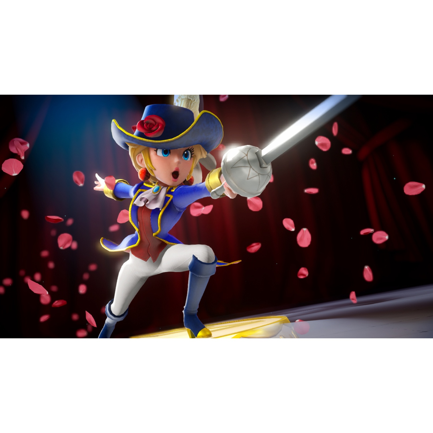 A character in a blue costume with a hat and rapier, surrounded by falling petals.