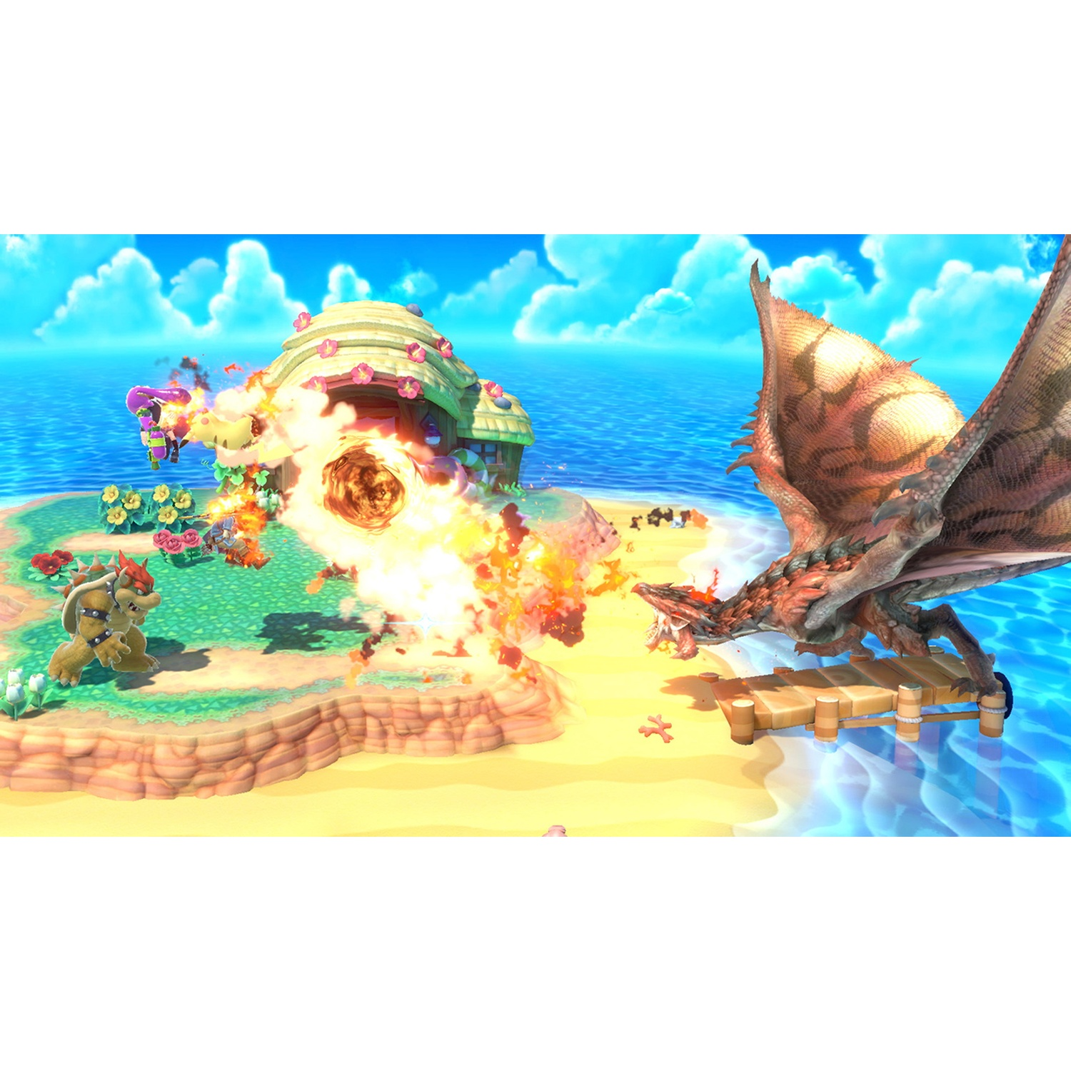 A dragon breathes fire on a house while Bowser stands on an island.