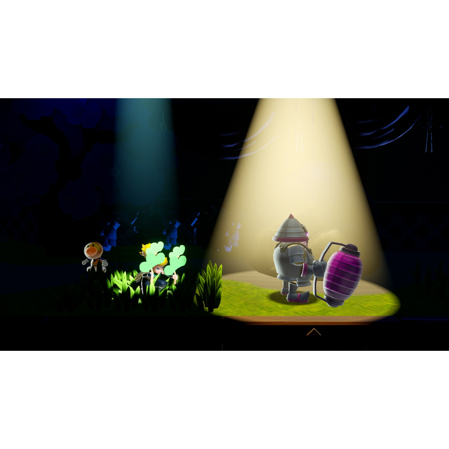 A knight in armor holds a purple lantern. Figures stand left in a dark forest.
