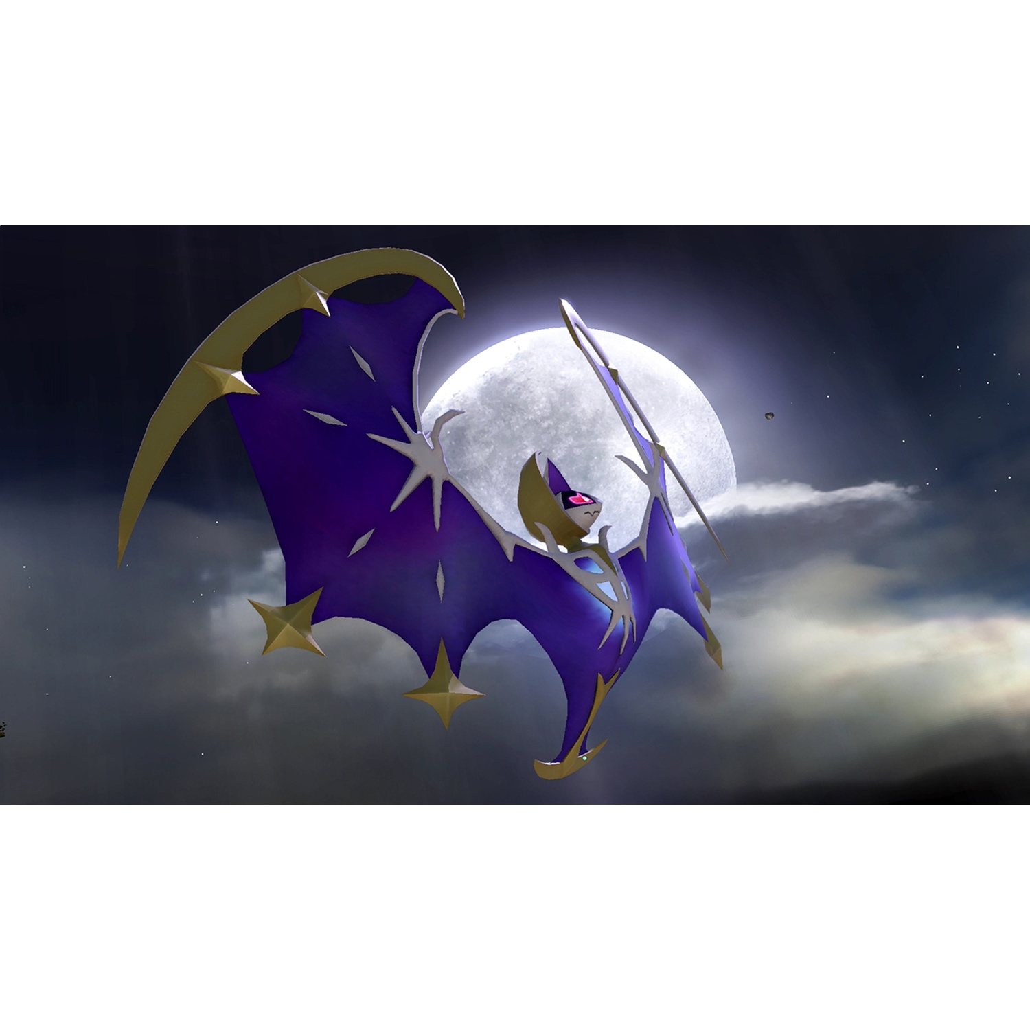 A purple and gold bat-like dragon flies against a large moon and dark clouds.