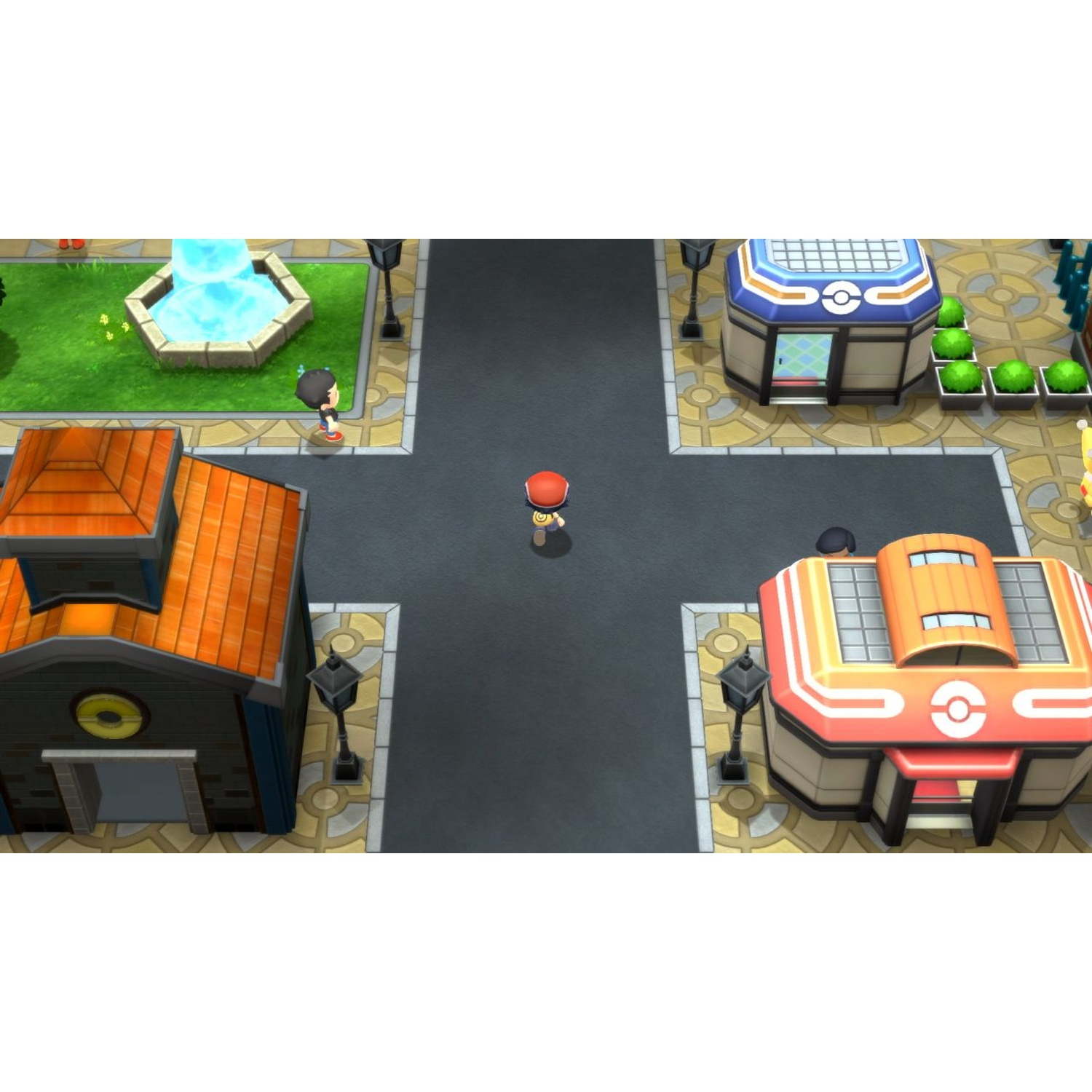 A Pokemon Center and orange-roofed building in a town with characters.