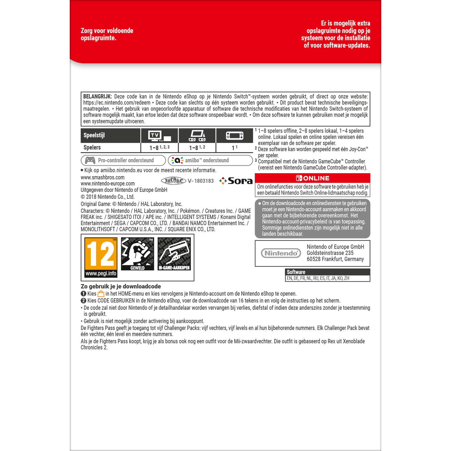 Nintendo Switch game information with PEGI 12 rating, play modes, and provider details.