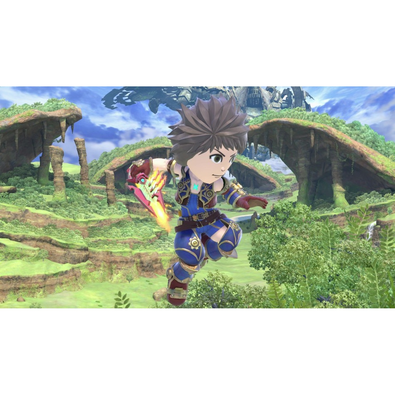 A male anime character in blue armor leaps forward with a glowing sword.