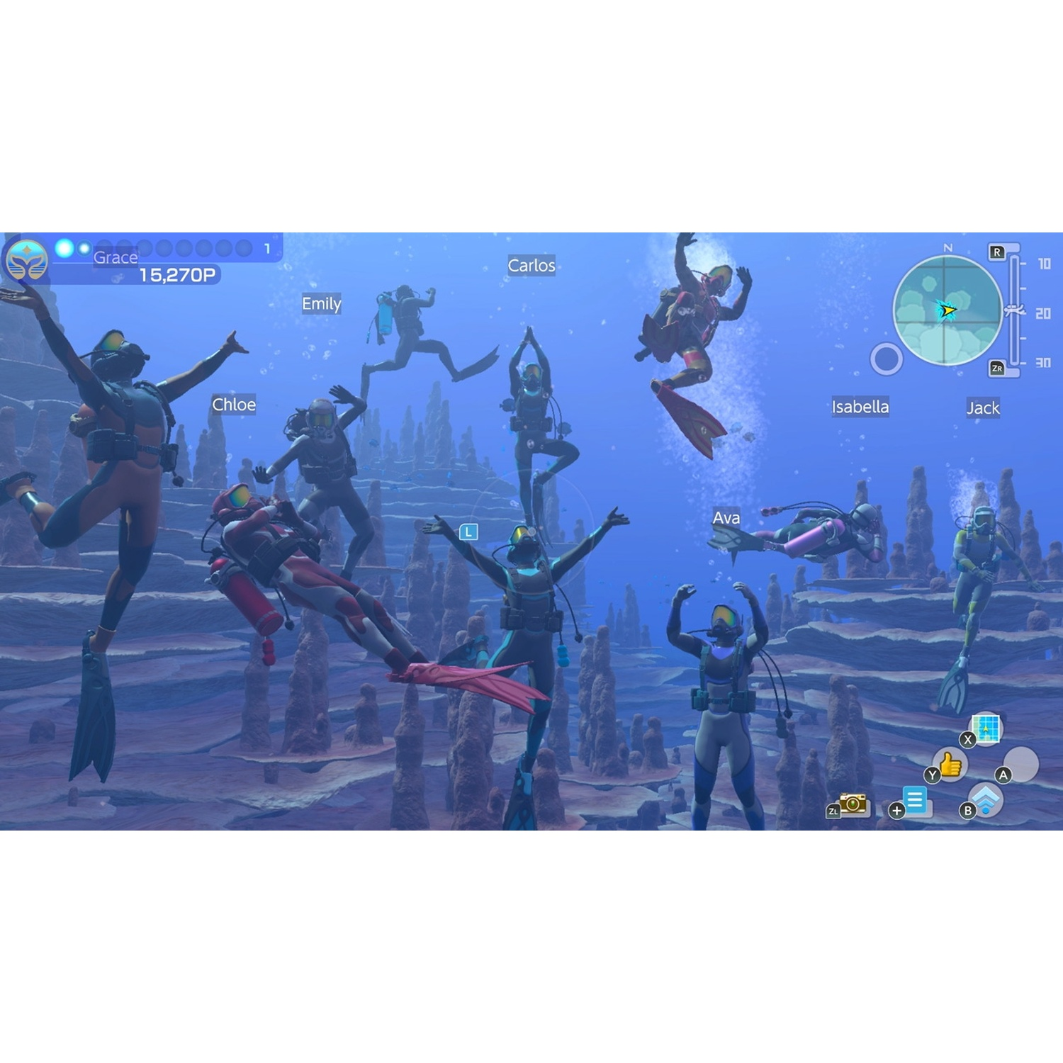Multiple divers in full gear swim in an underwater landscape with rock formations.