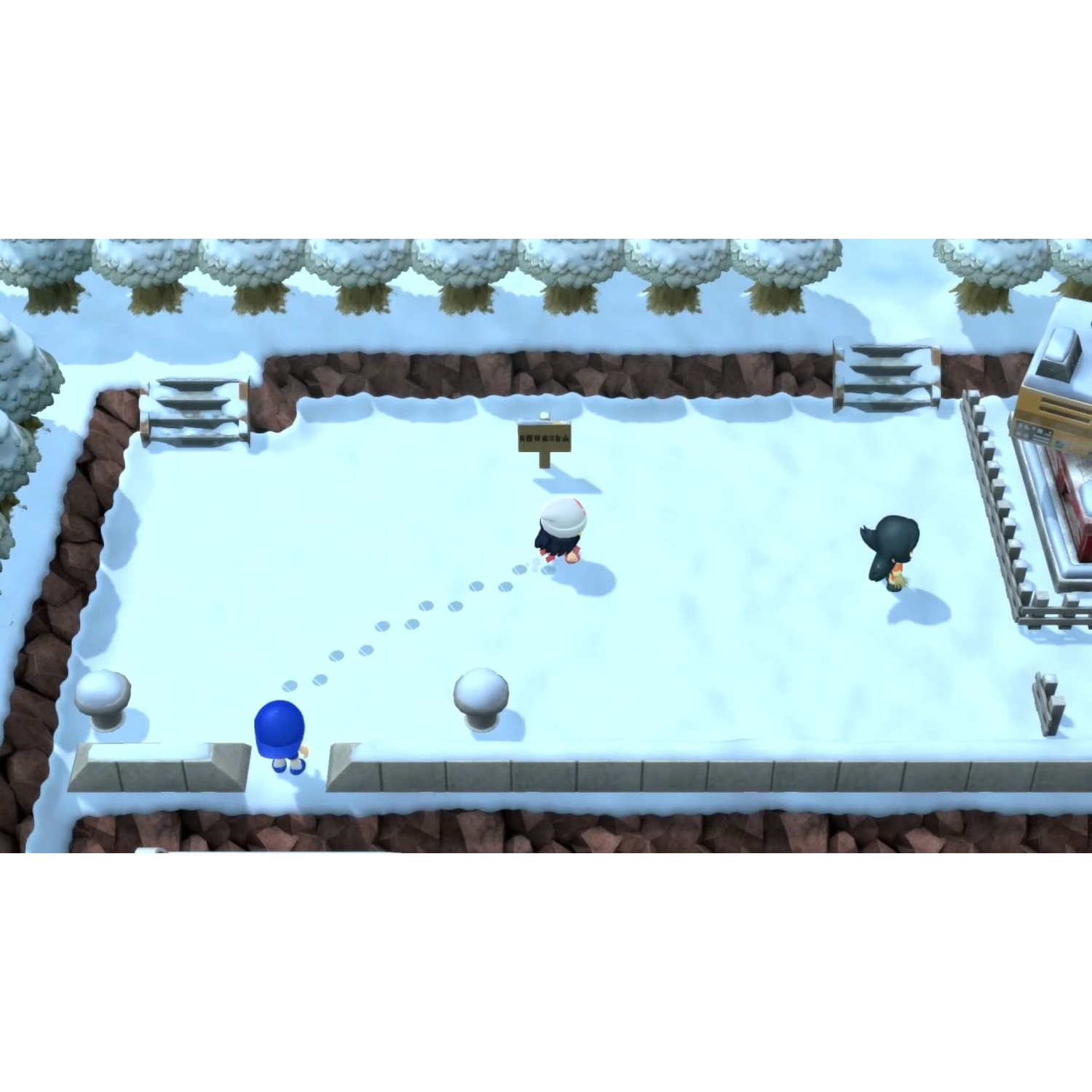 Two characters in a snowy landscape with trees and a building.