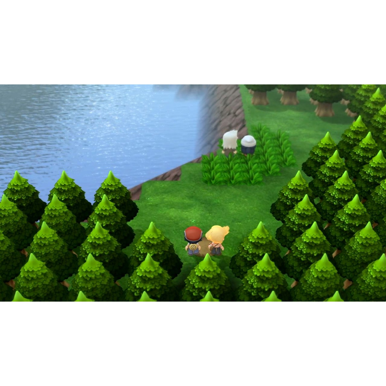 Two characters stand in a forest next to a body of water.