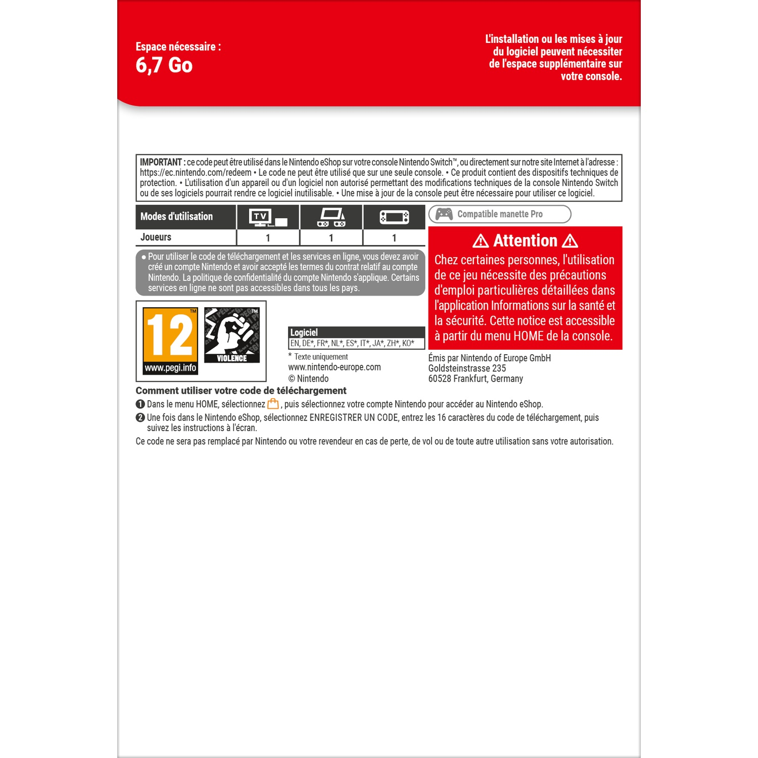Nintendo Switch Download Code: 6.7 GB space needed. Usage instructions included.