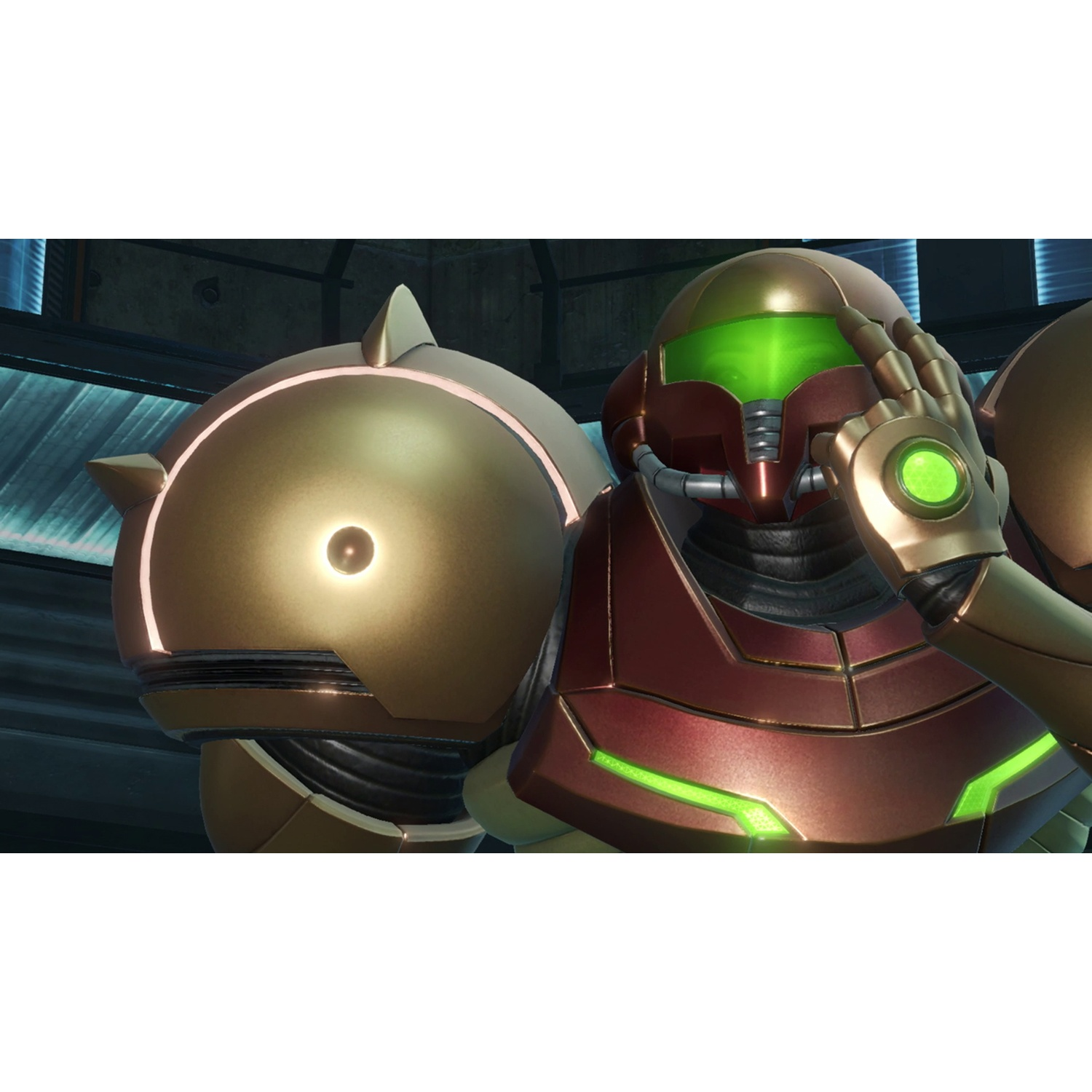 A person in a red and gold suit with green lights.