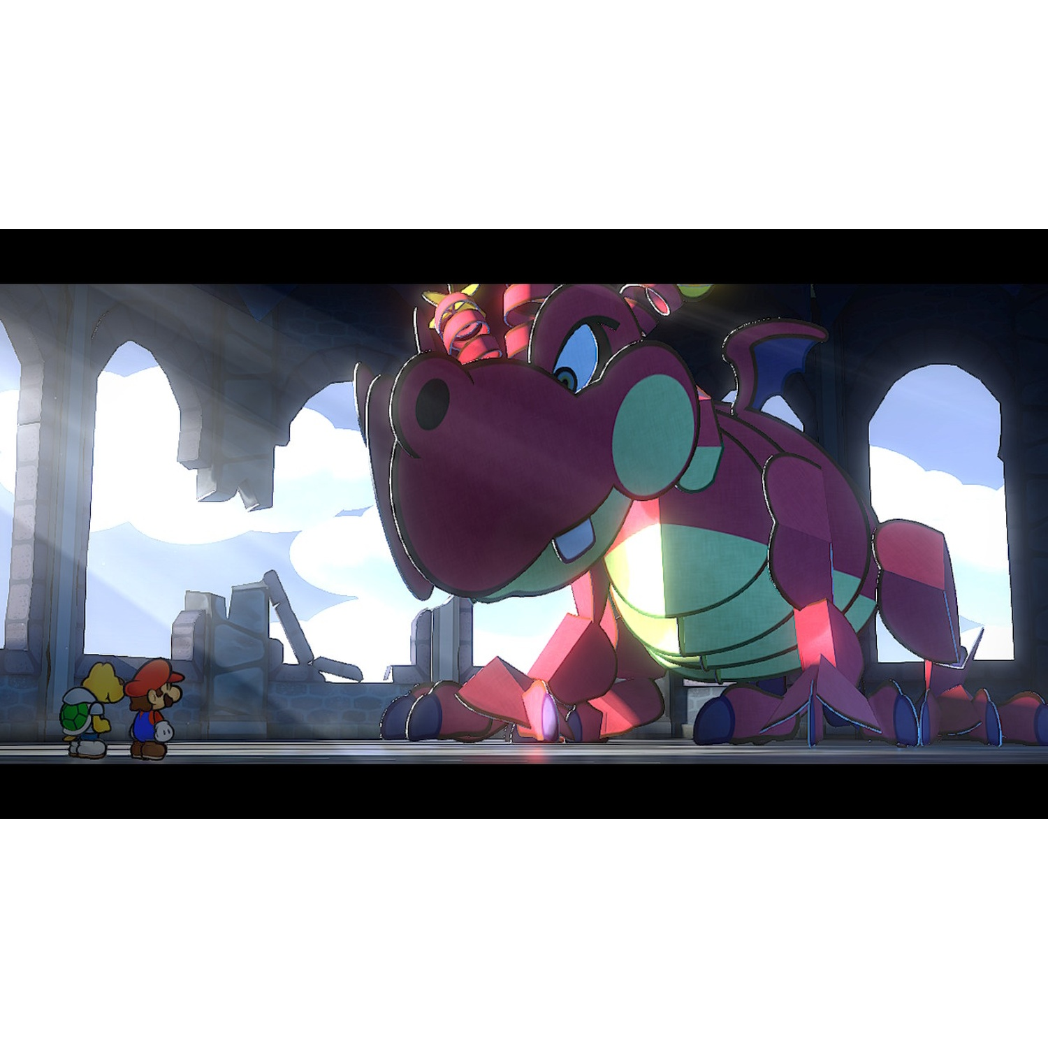 Mario and Luigi stand before a giant red dragon in a ruined structure.