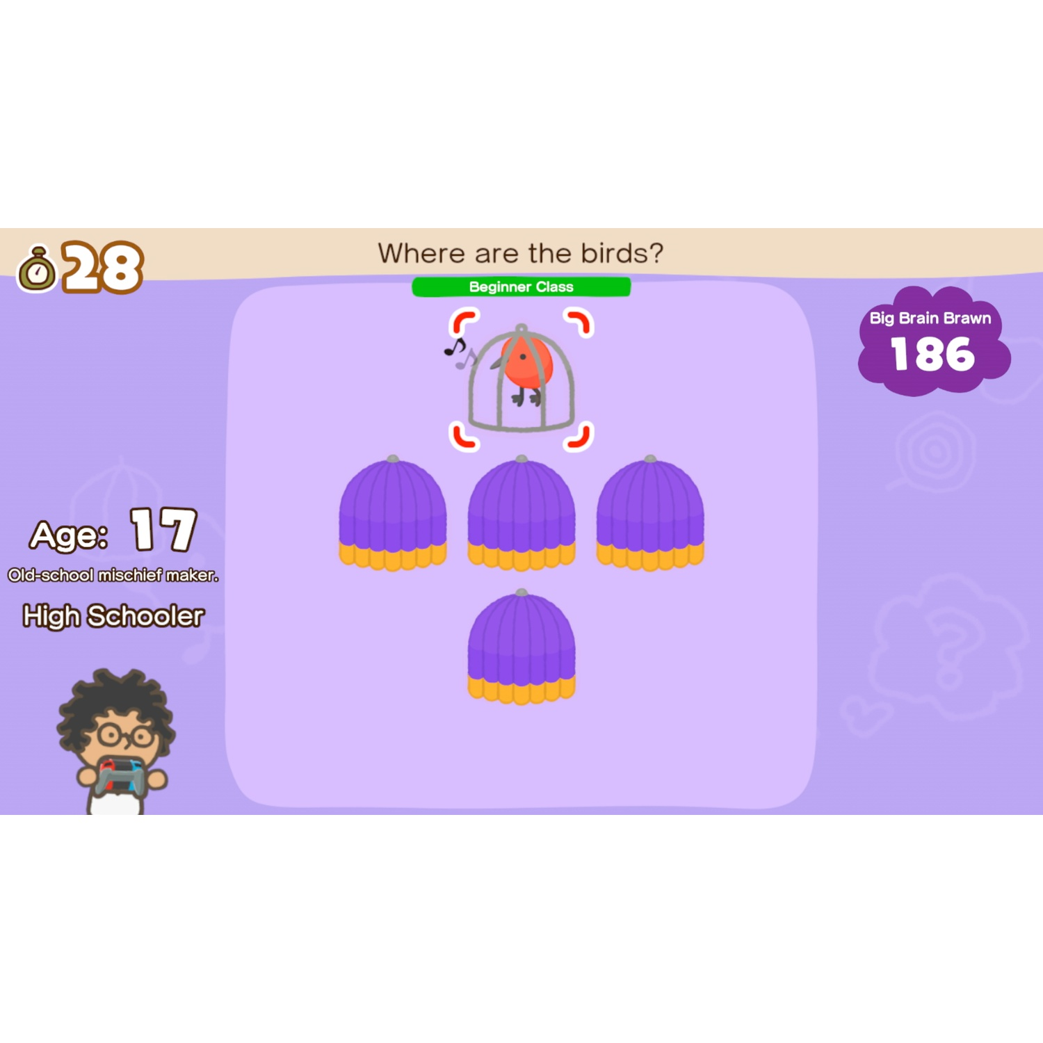 A game screen shows a bird in a cage and purple hats. Player age is 17.