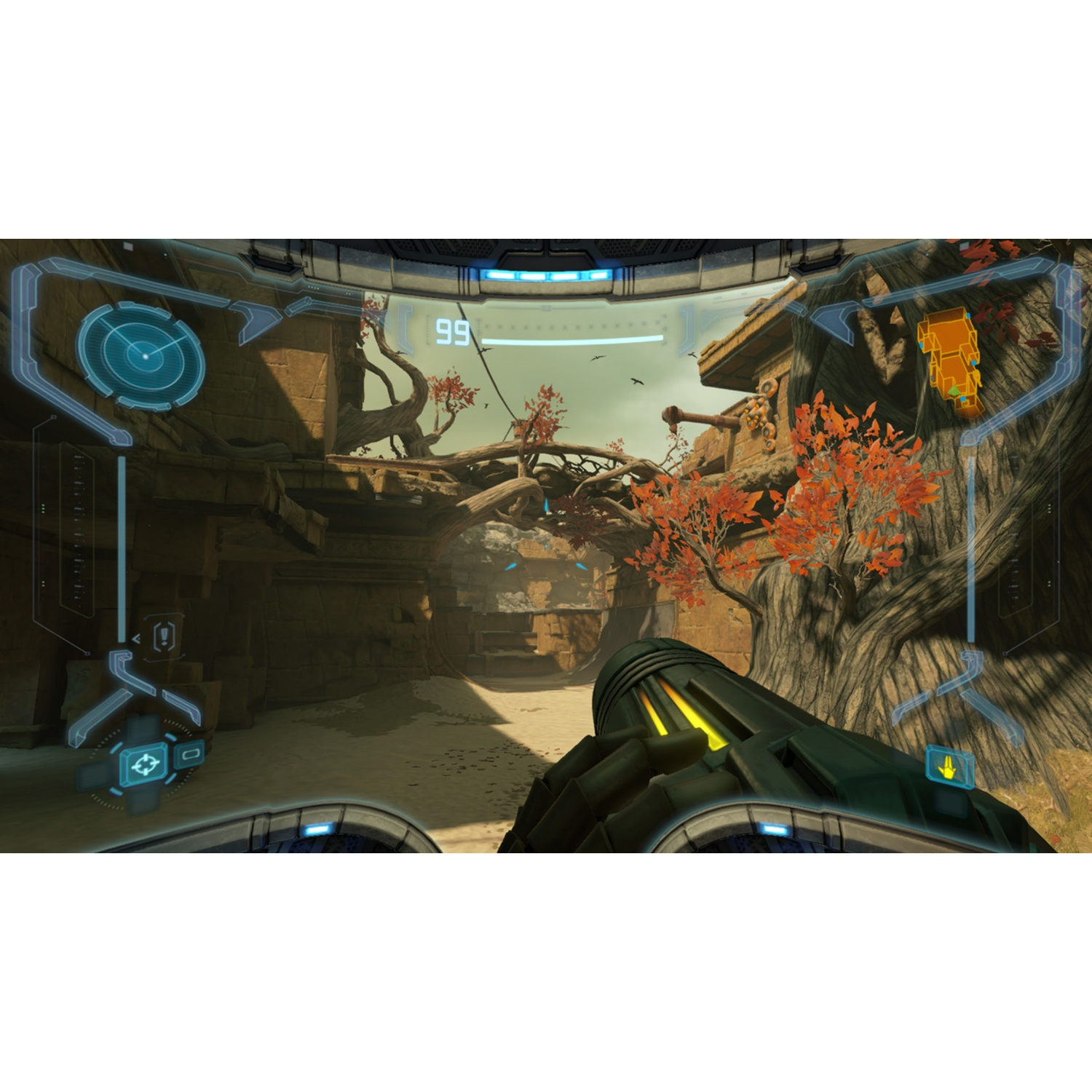 View through a cockpit at a desert landscape with ruins and trees.
