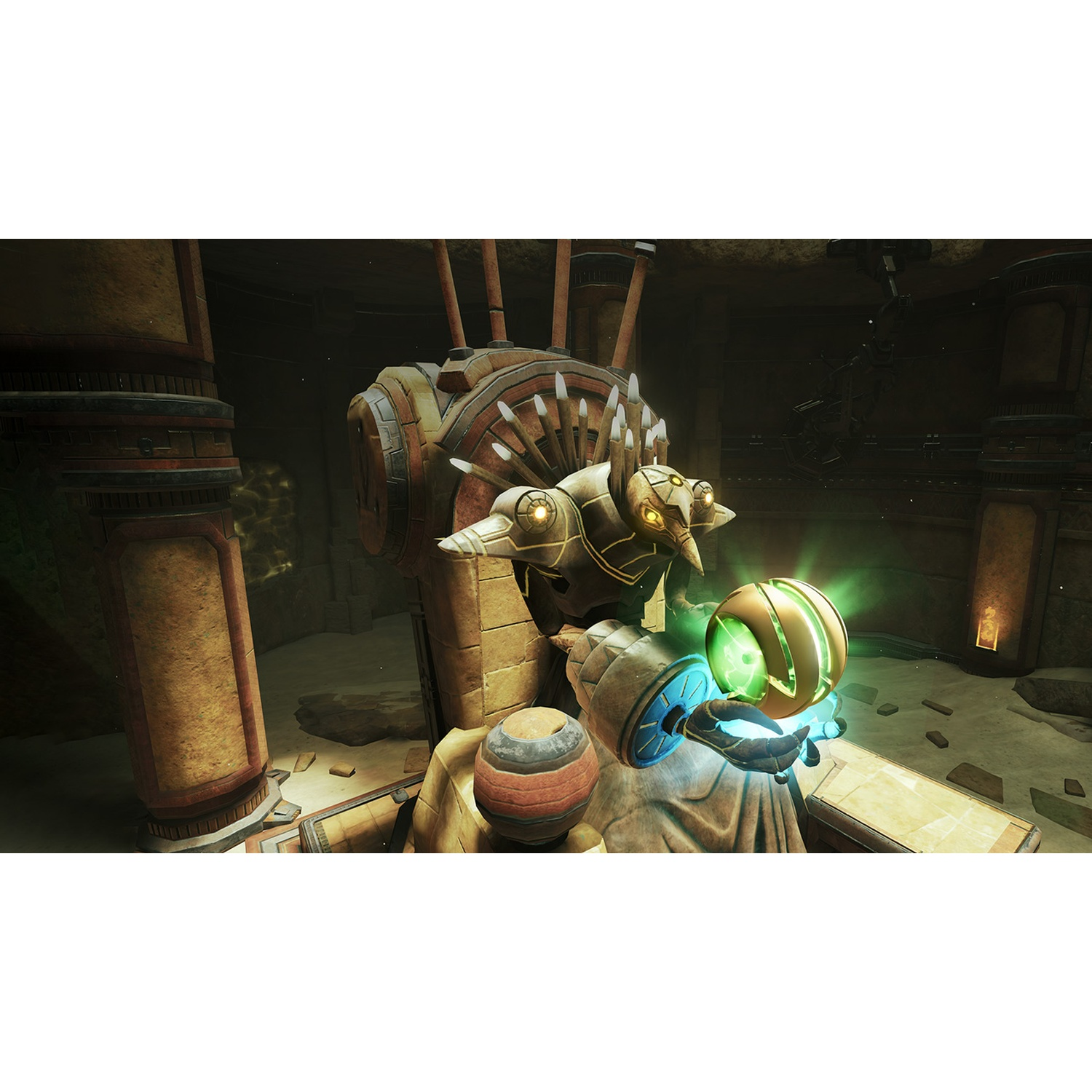 A golden robot holds a glowing green orb in an ancient chamber.