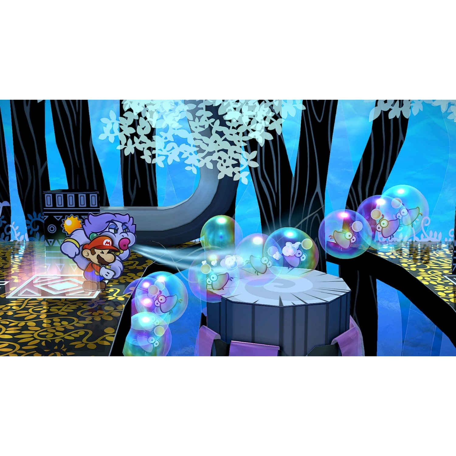 Mario stands on a patterned floor near a purple character and bubbles with birds.