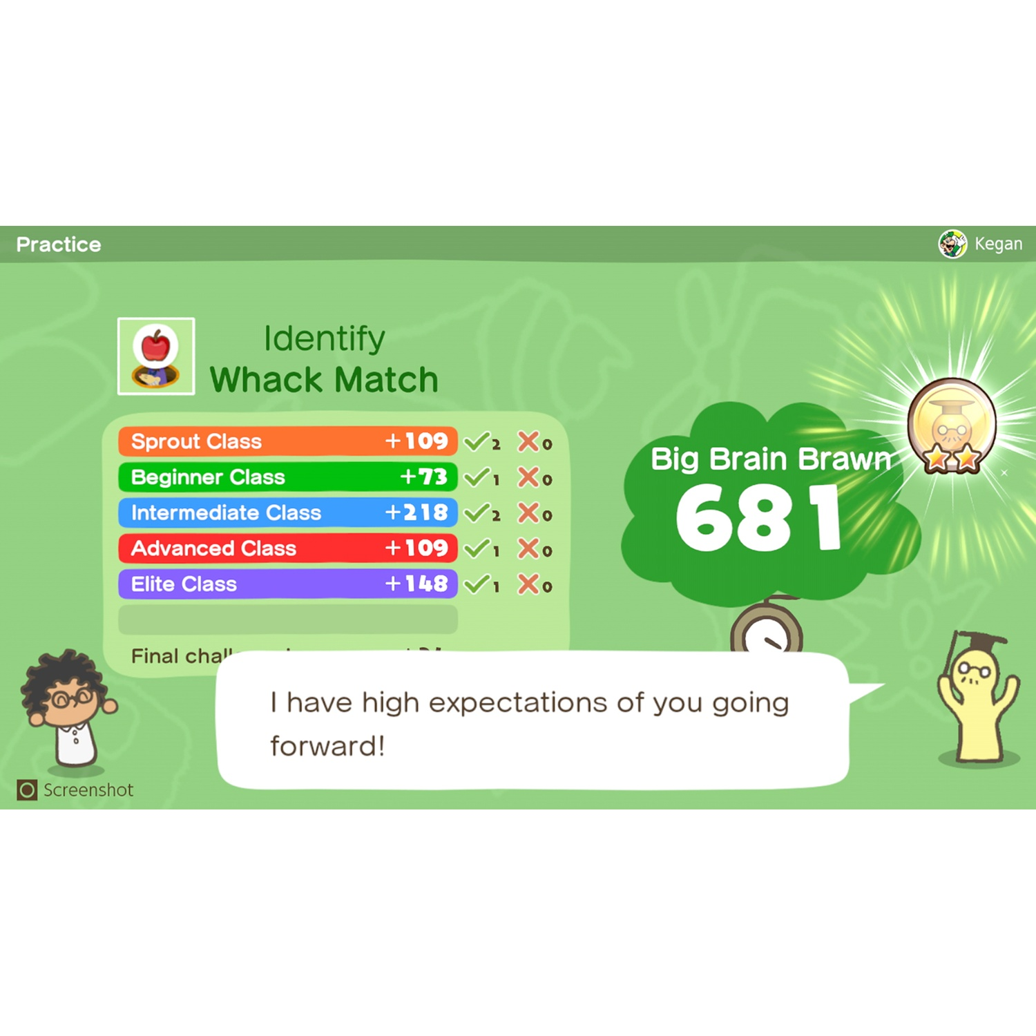 Game screen showing class score lists and a Big Brain Brawn score of 681.