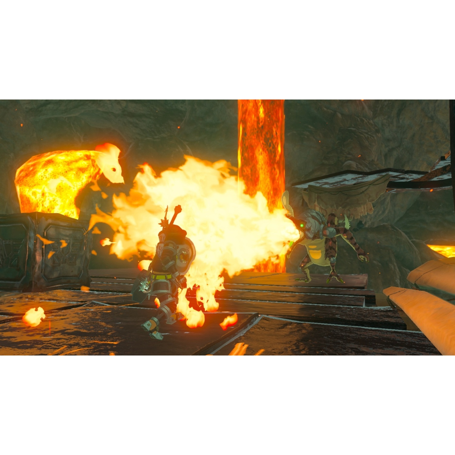 A character fights a monster with fire in a cave environment with lava.