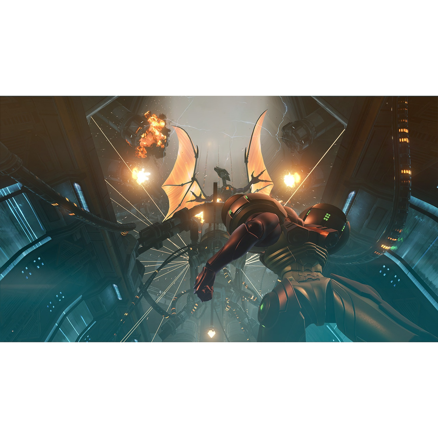 A humanoid character in armor fights a winged foe in an industrial setting with explosions.