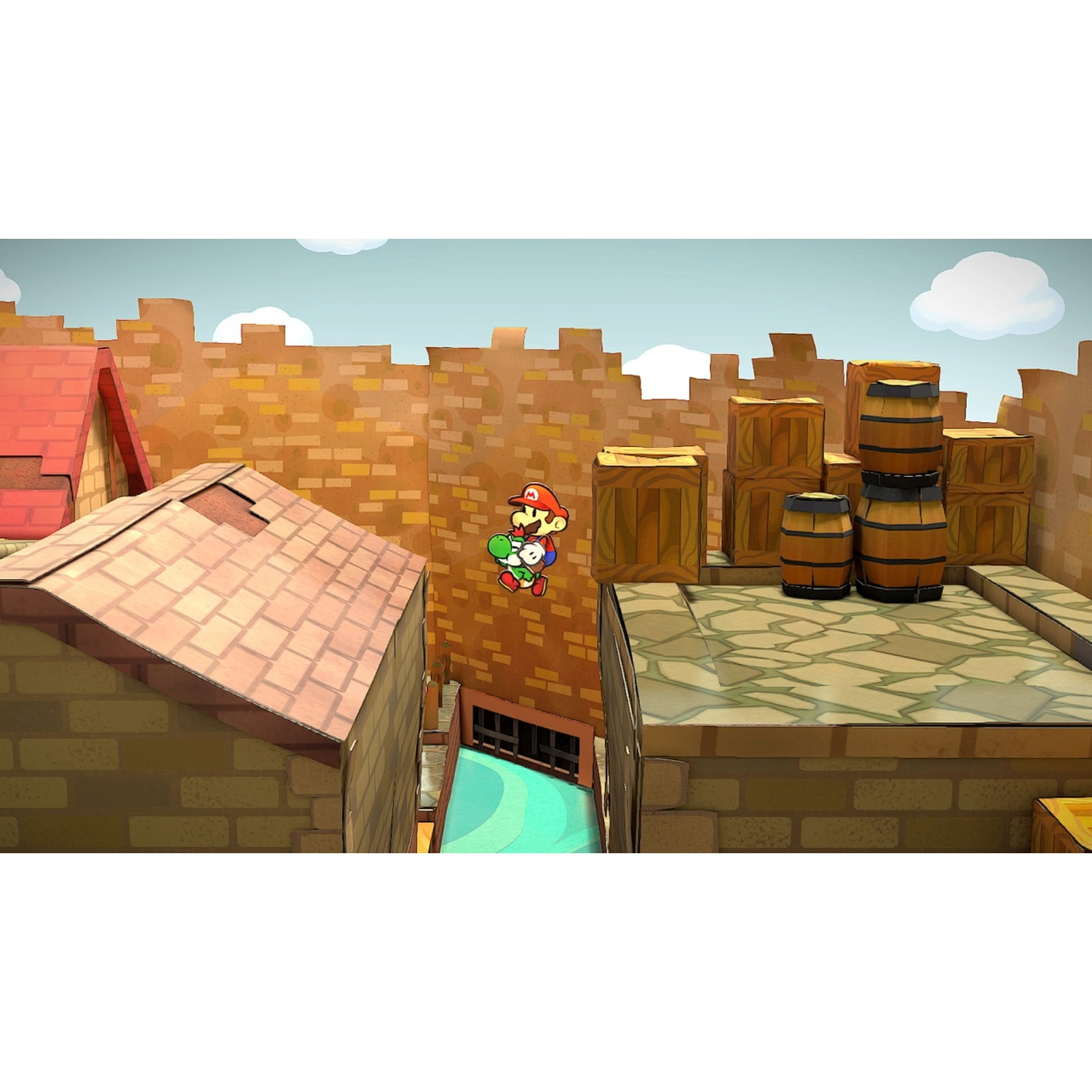 Mario jumps over a gap on a rooftop, surrounded by wooden crates and barrels.