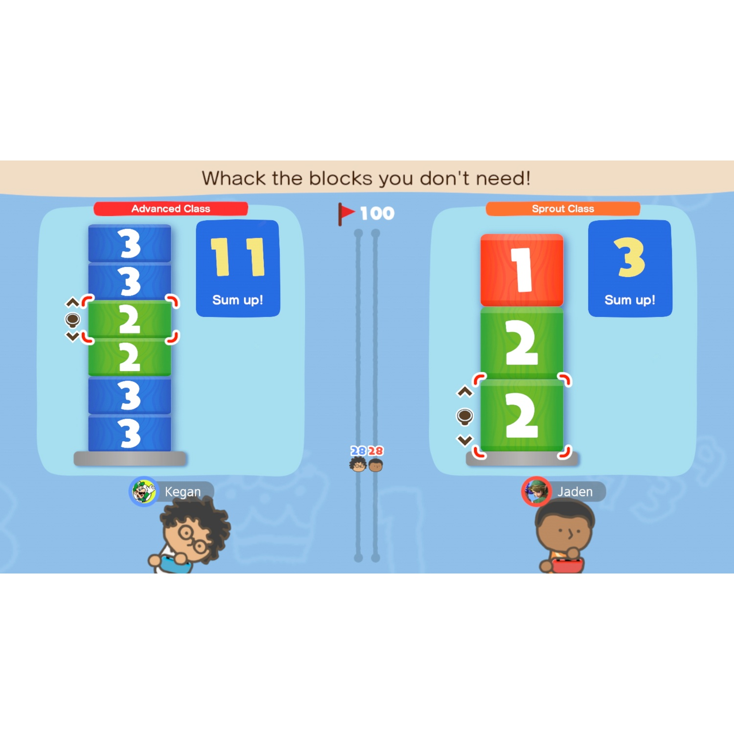 Game screen with two classes stacking blocks. 'Advanced Class' on left, 'Sprout Class' on right.