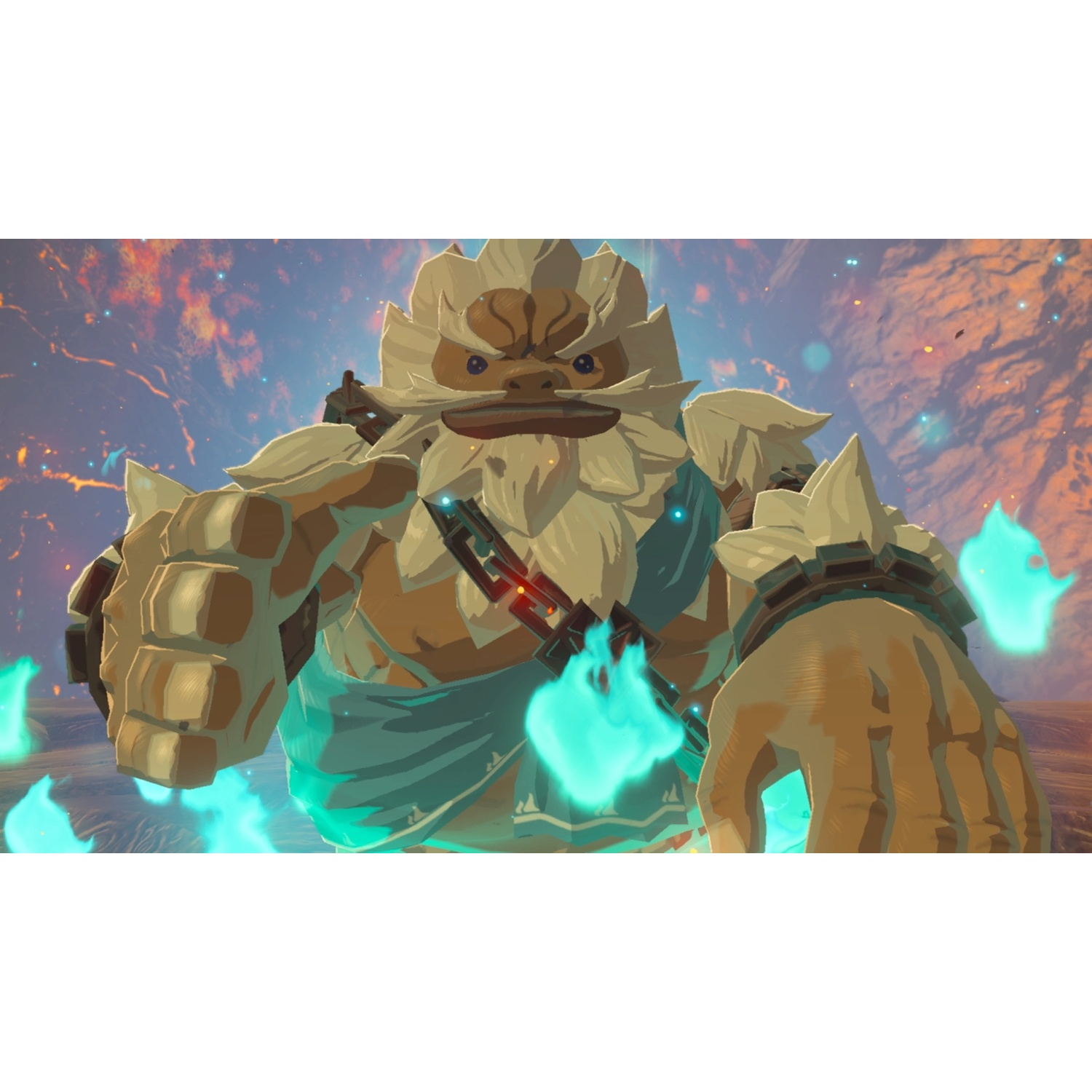 A large, furry man with blue flames around him stands before a rocky background.