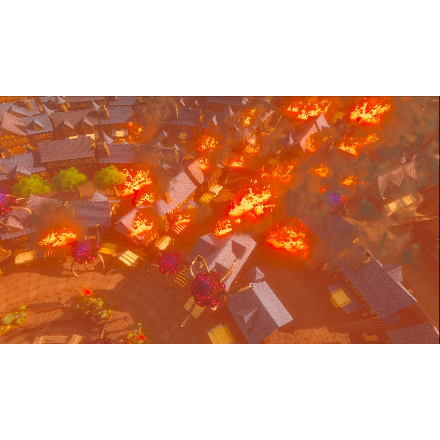 Aerial view of a village burning with fiery explosions and strange creatures.