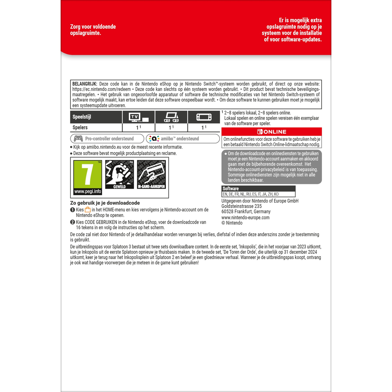 Nintendo Switch instructions with PEGI 7 and online info. Requires storage space.