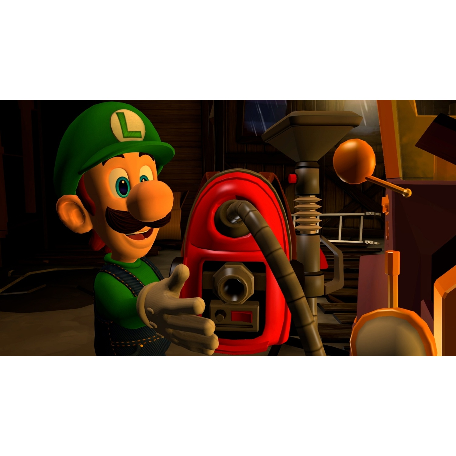 Luigi avec un aspirateur rouge dans une pièce sombre aux murs en bois.
